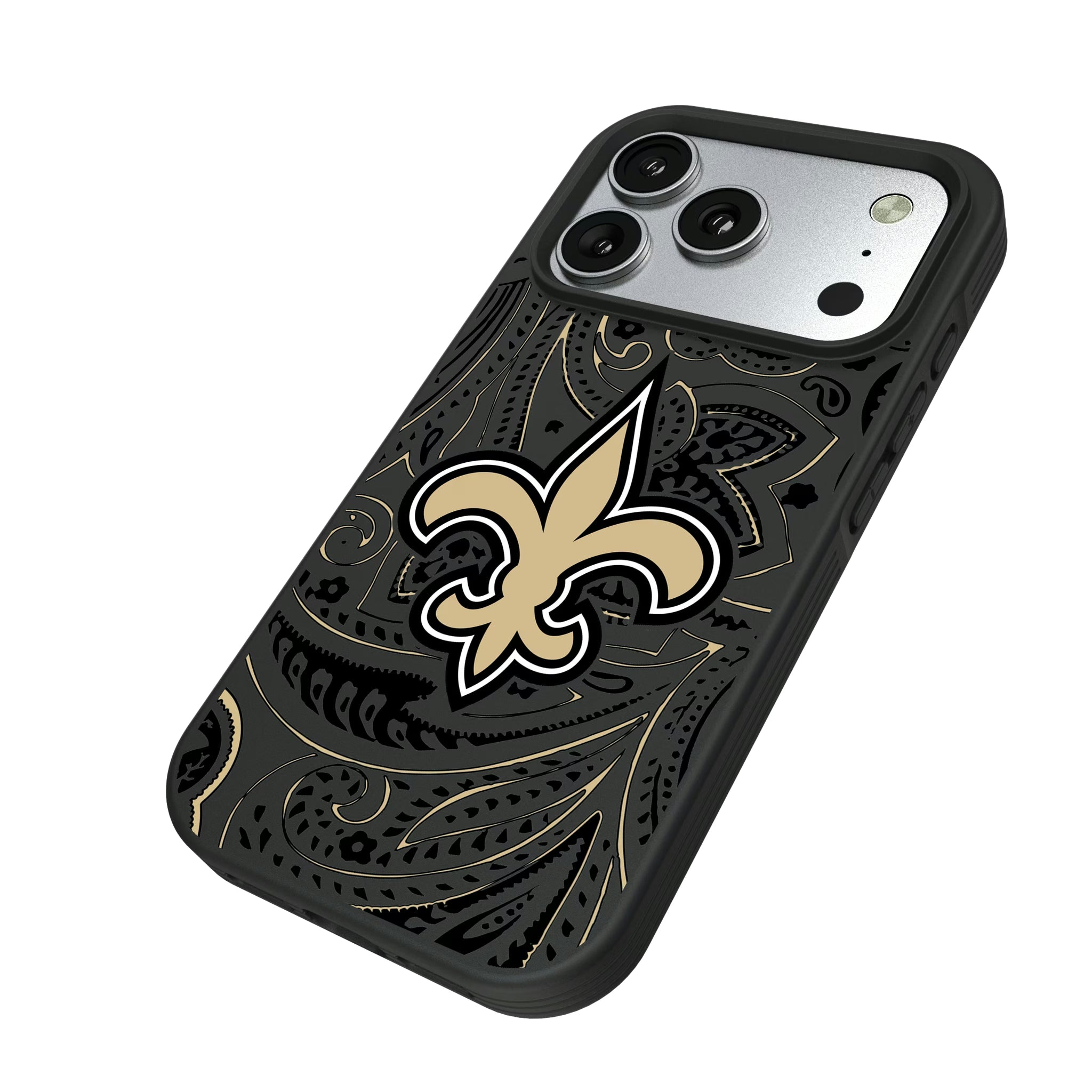 New Orleans Saints Paisley iPhone Bump Phone Case for Apple iPhone - Isometric View#Device_iPhone 17 Pro