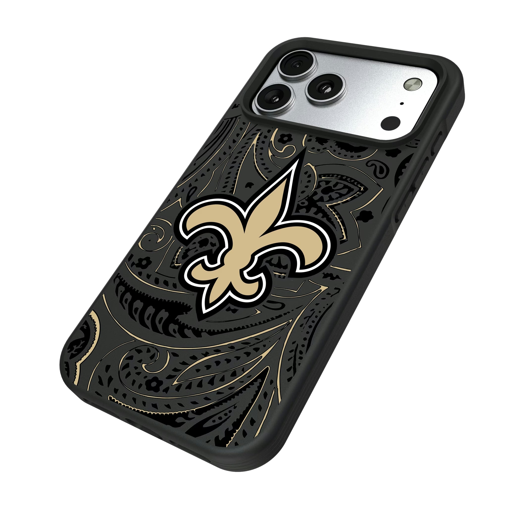 New Orleans Saints Paisley iPhone Bump Phone Case for Apple iPhone - Isometric View#Device_iPhone 17 Pro Max