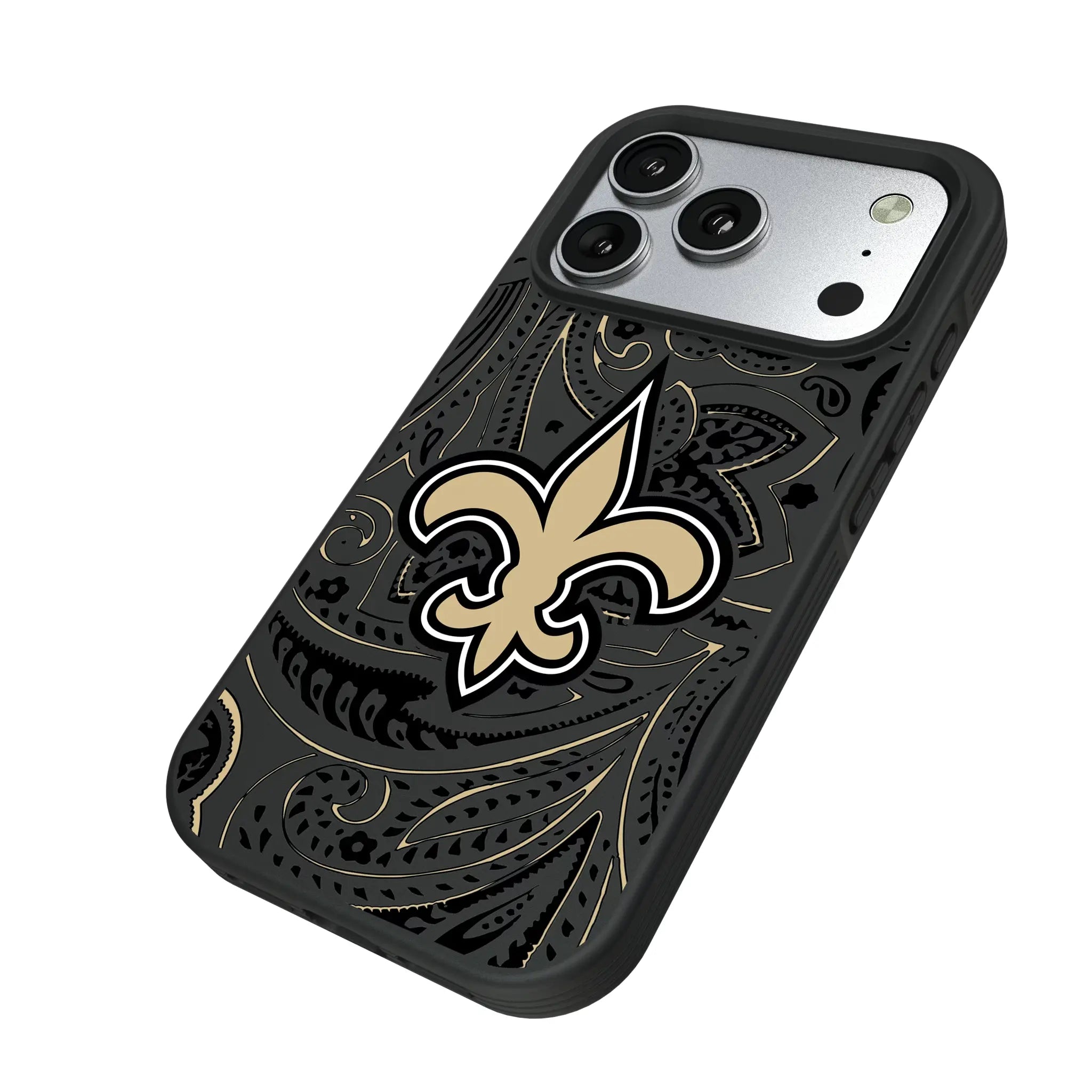 New Orleans Saints Paisley iPhone Bump Phone Case for Apple iPhone - Isometric View#Device_iPhone 17 Pro