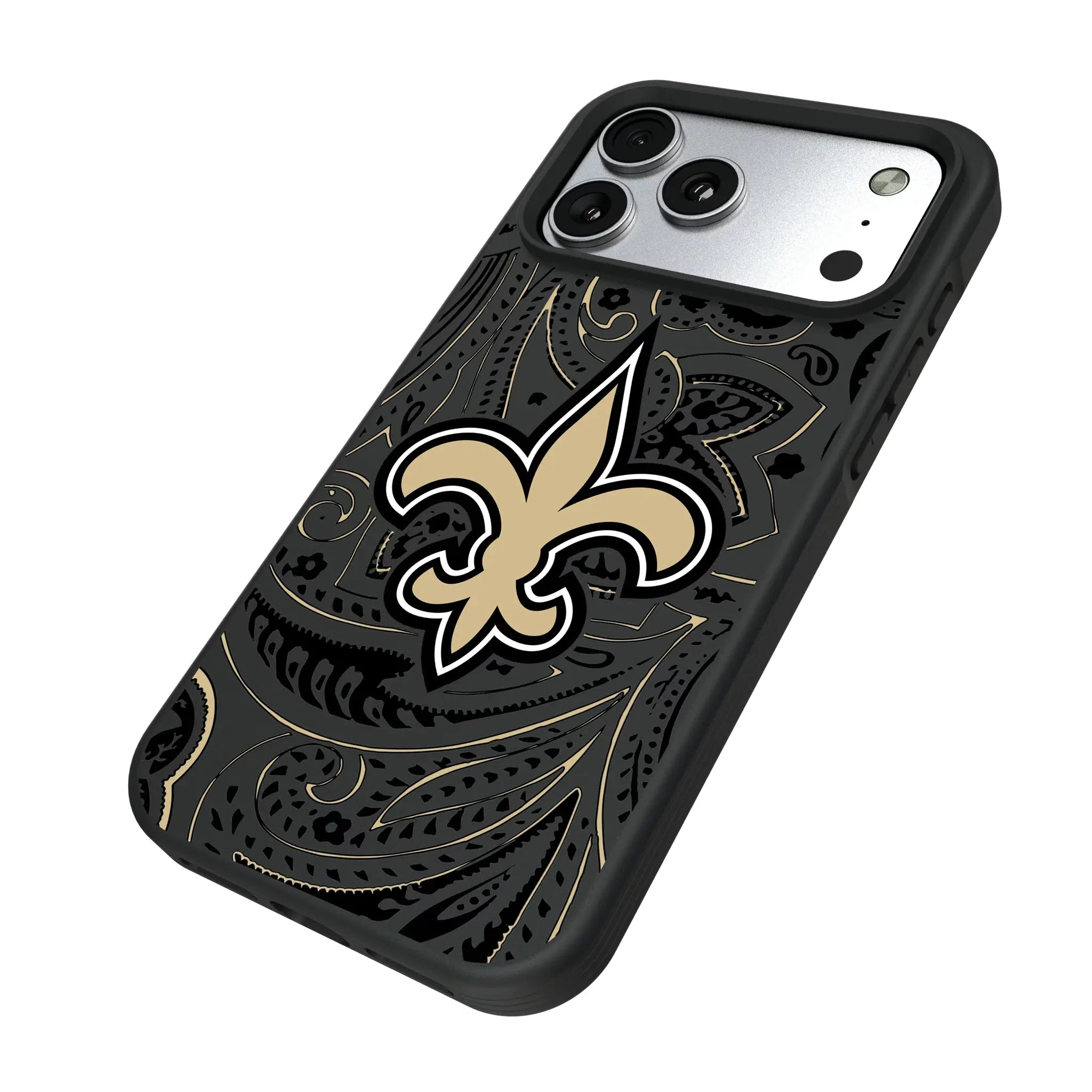 New Orleans Saints Paisley iPhone Bump Phone Case for Apple iPhone - Isometric View#Device_iPhone 17 Pro Max