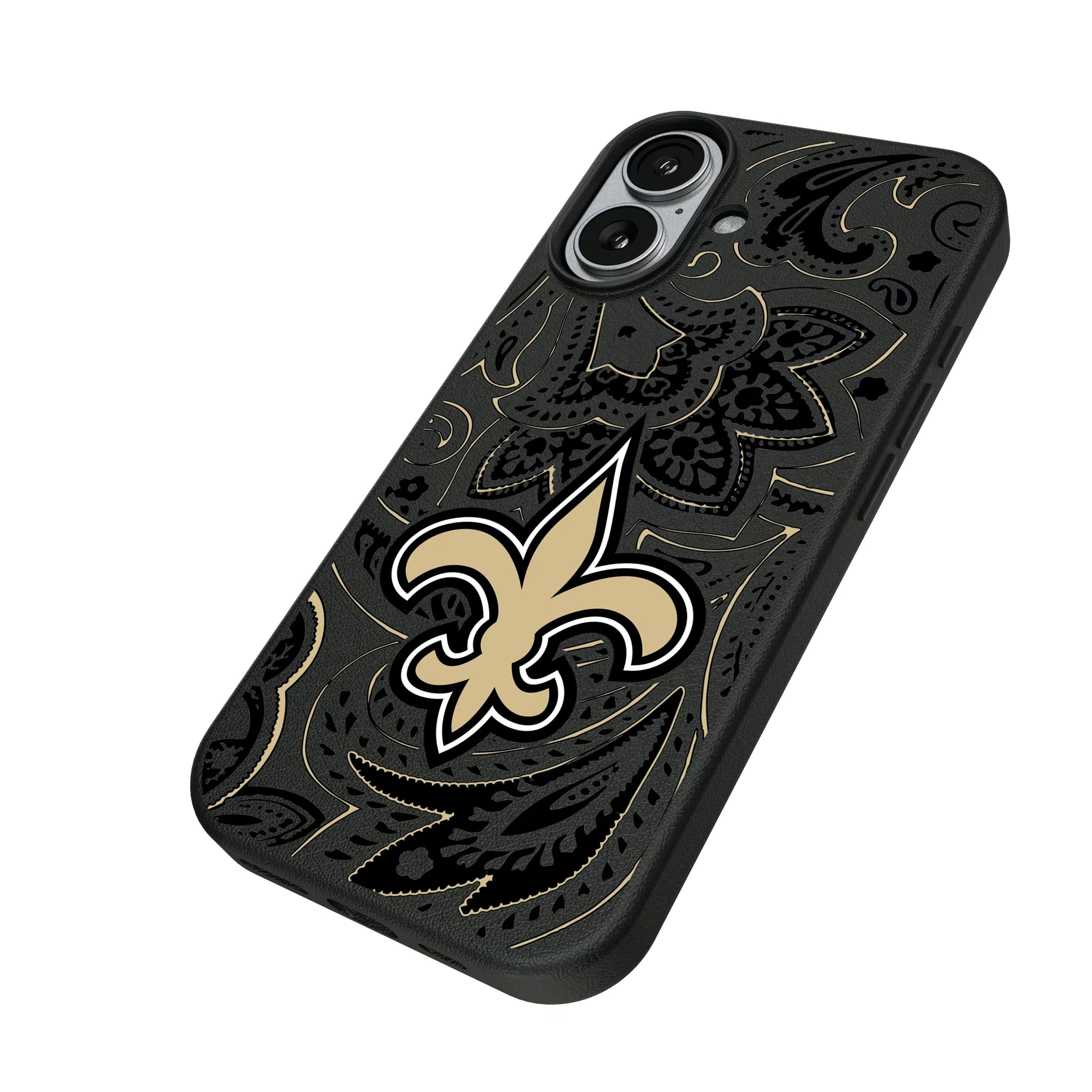 New Orleans Saints Paisley iPhone MagSafe Compatible Phone Case for Apple iPhone - Isometric View#Device_iPhone 17