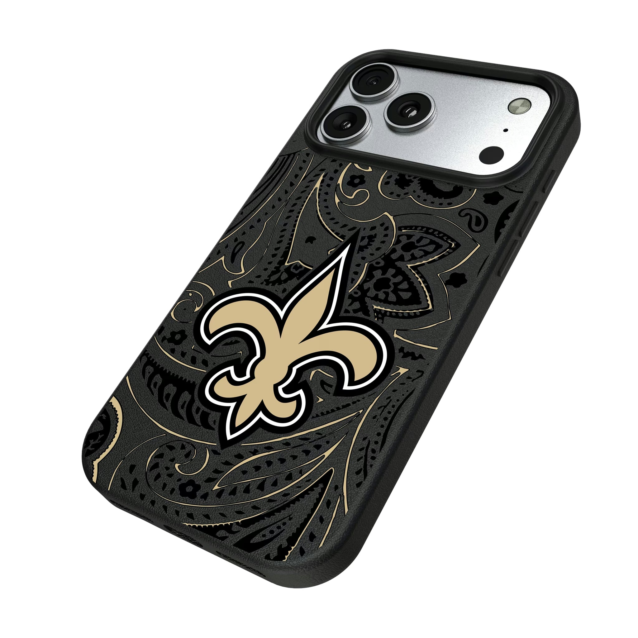 New Orleans Saints Paisley iPhone MagSafe Compatible Phone Case for Apple iPhone - Isometric View#Device_iPhone 17 Pro Max