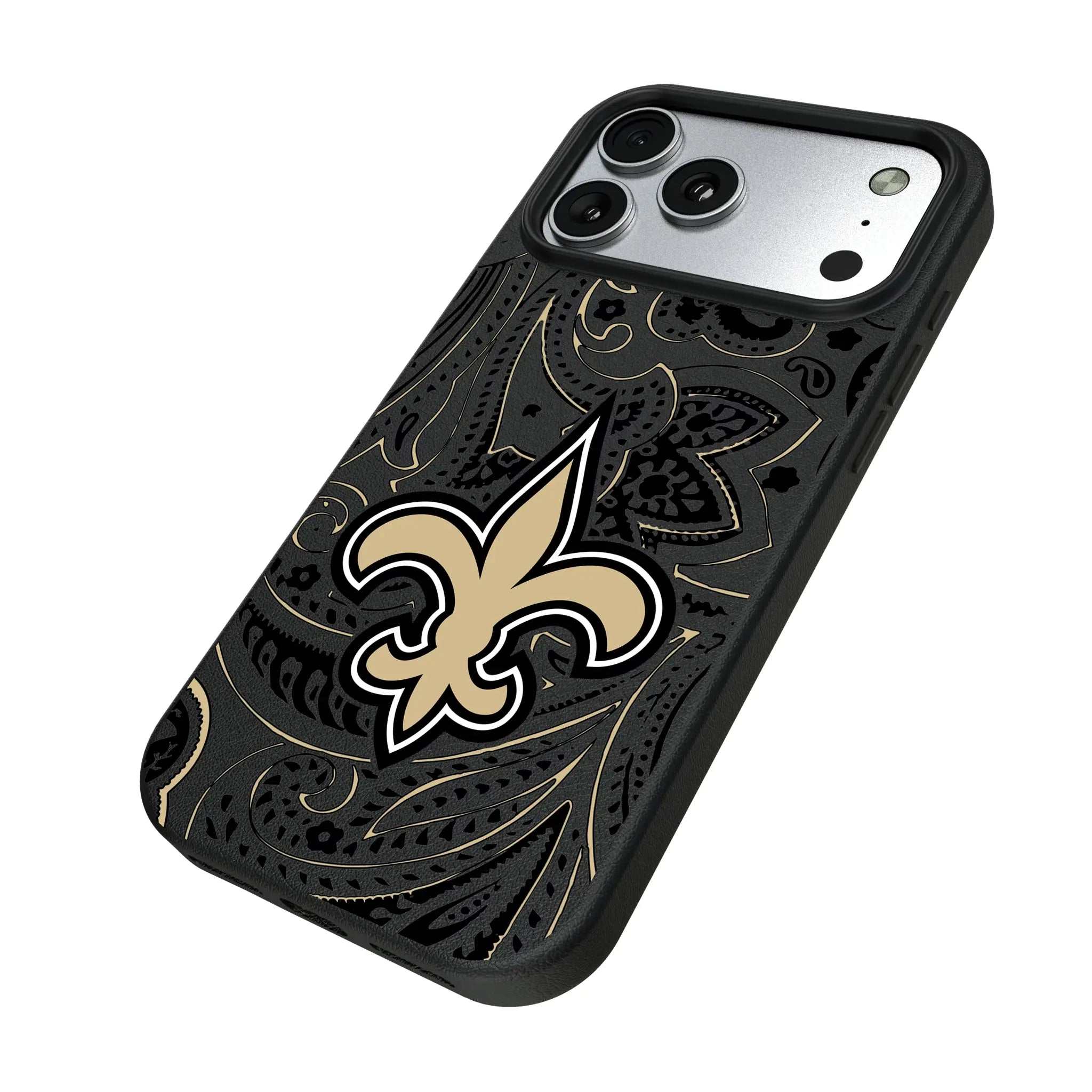 New Orleans Saints Paisley iPhone MagSafe Compatible Phone Case for Apple iPhone - Isometric View#Device_iPhone 17 Pro Max