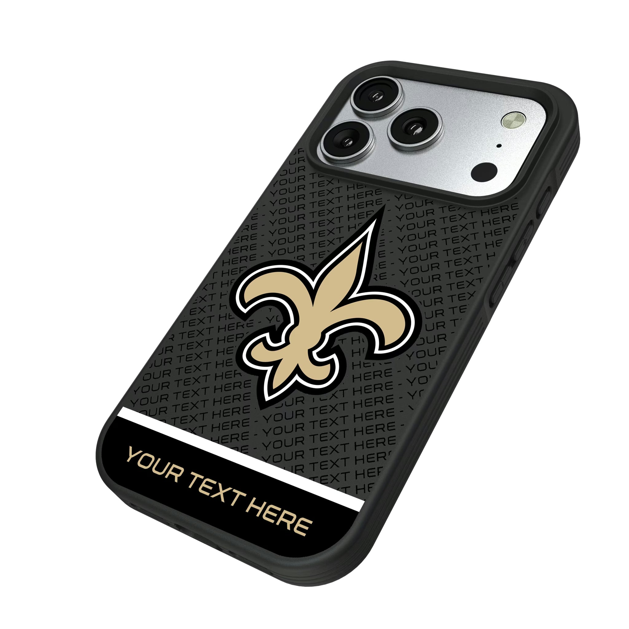 New Orleans Saints Personalized EndZone Plus iPhone Bump Phone Case for Apple iPhone - Isometric View#Device_iPhone 17 Pro