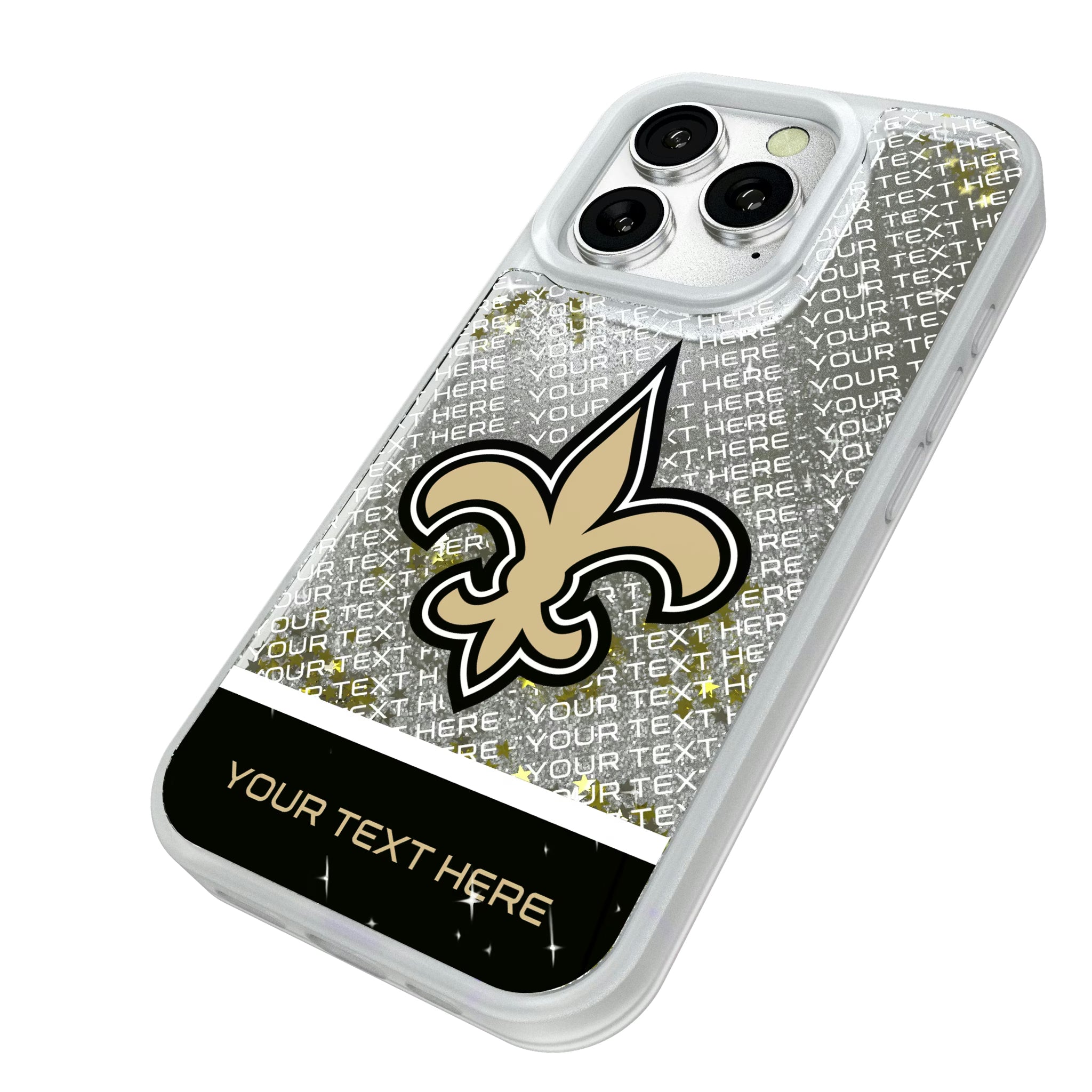 New Orleans Saints Personalized EndZone Plus iPhone Glitter Phone Case for Apple iPhone - Isometric View#Device_iPhone 16 Pro