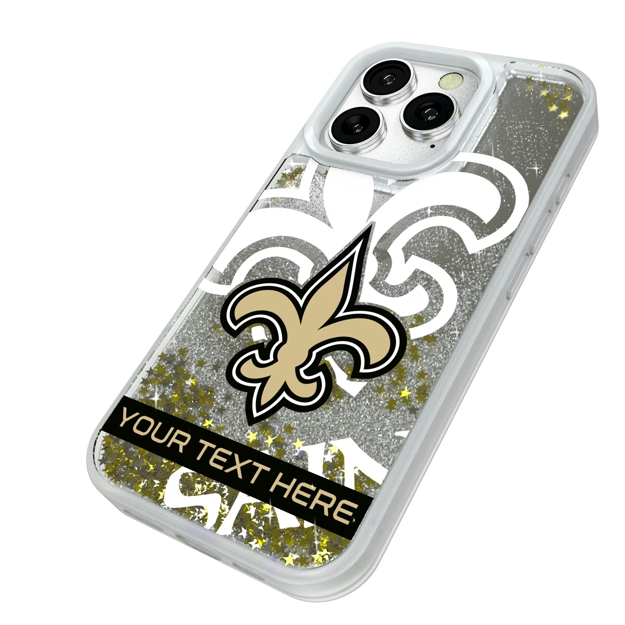 New Orleans Saints Personalized Tilt iPhone Glitter Phone Case for Apple iPhone - Isometric View#Device_iPhone 16 Pro