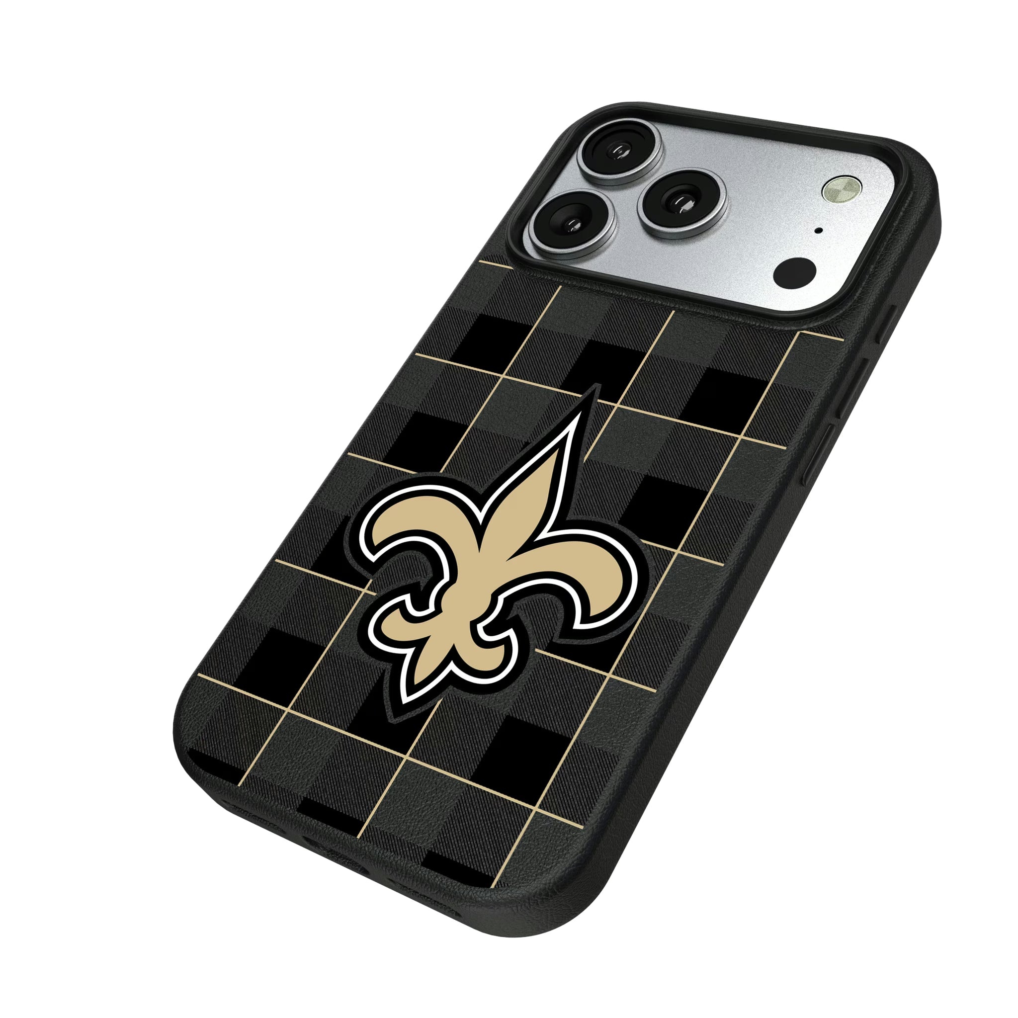 New Orleans Saints Plaid iPhone MagSafe Compatible Phone Case for Apple iPhone - Isometric View#Device_iPhone 17 Pro
