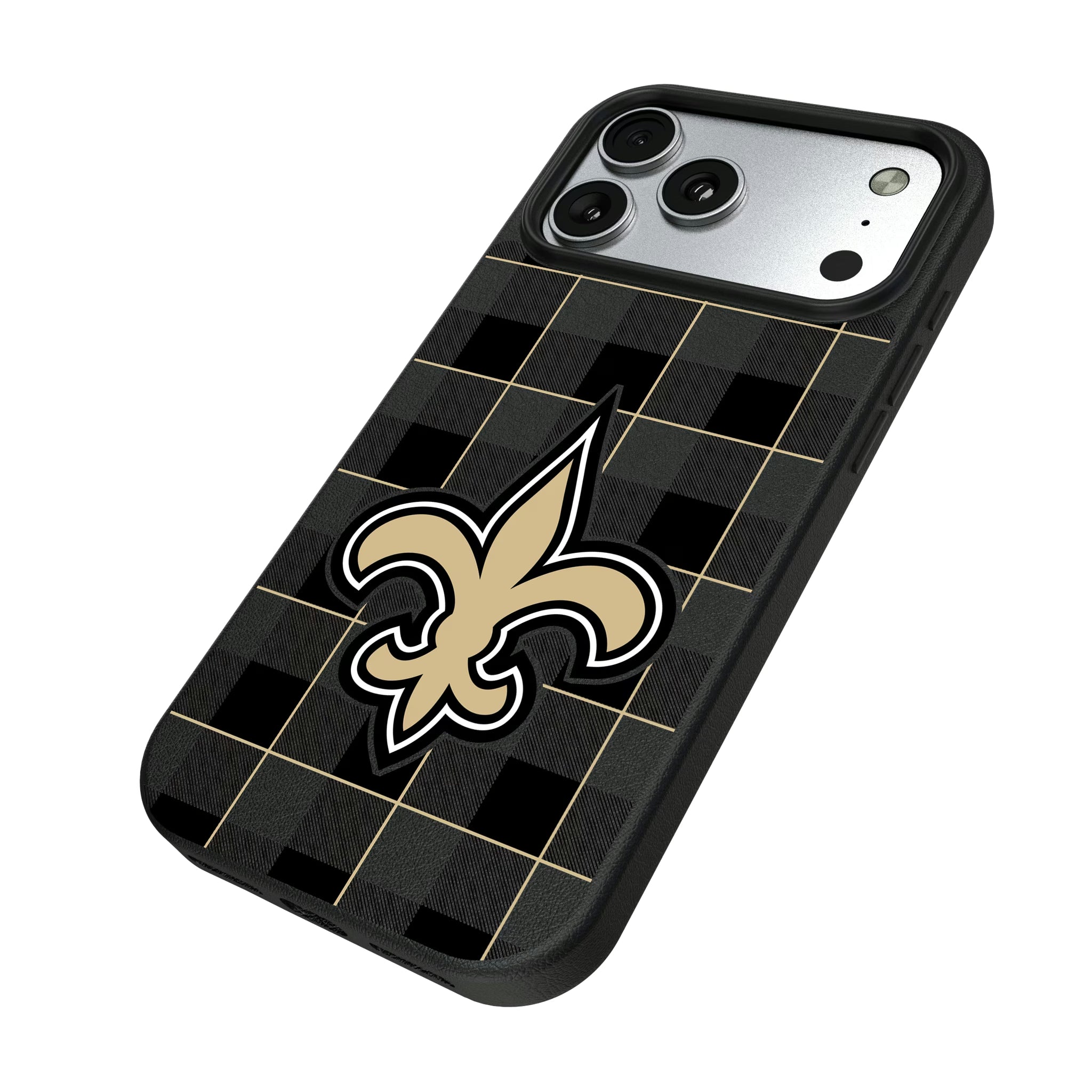 New Orleans Saints Plaid iPhone MagSafe Compatible Phone Case for Apple iPhone - Isometric View#Device_iPhone 17 Pro Max