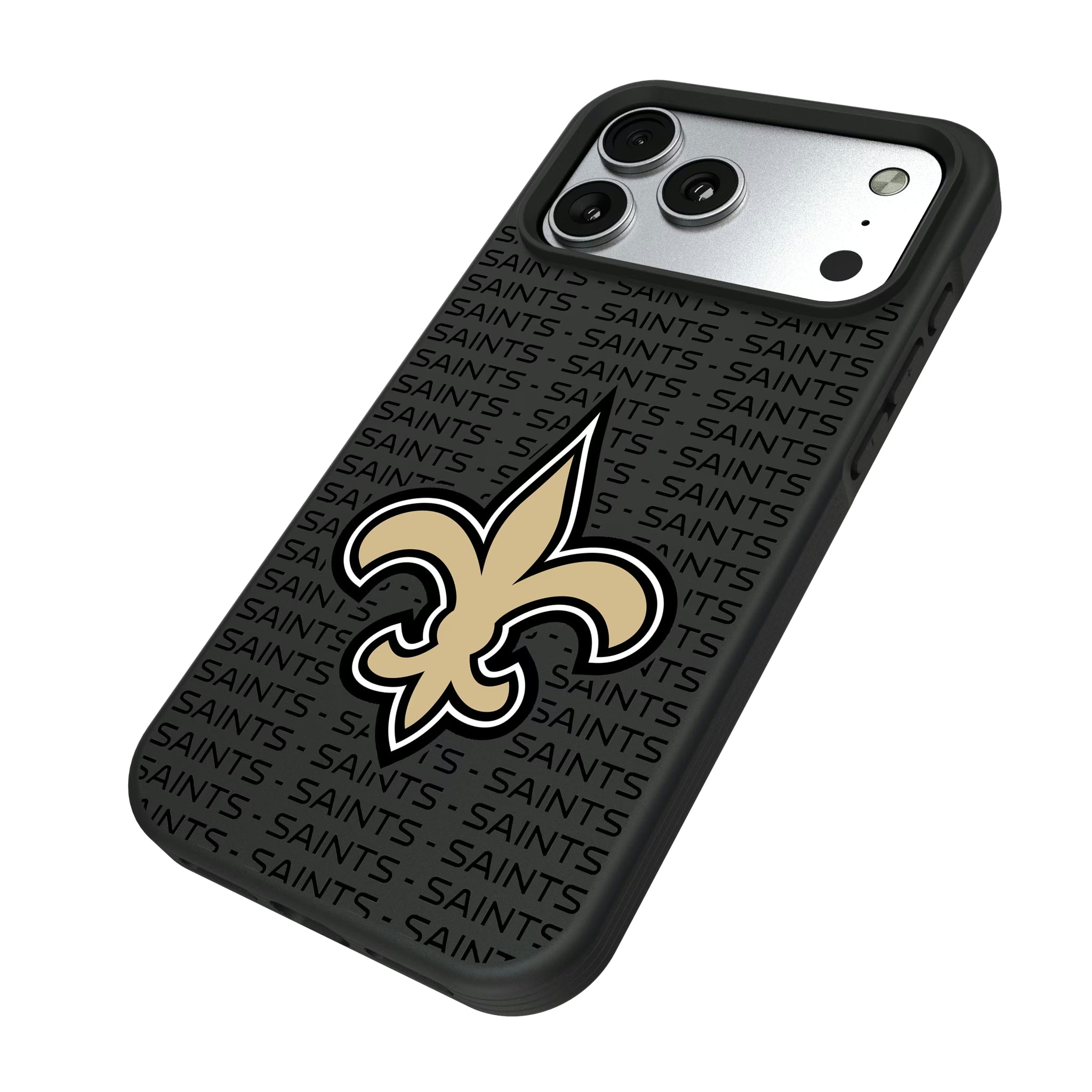 New Orleans Saints Text Backdrop iPhone Bump Phone Case for Apple iPhone - Isometric View#Device_iPhone 17 Pro Max