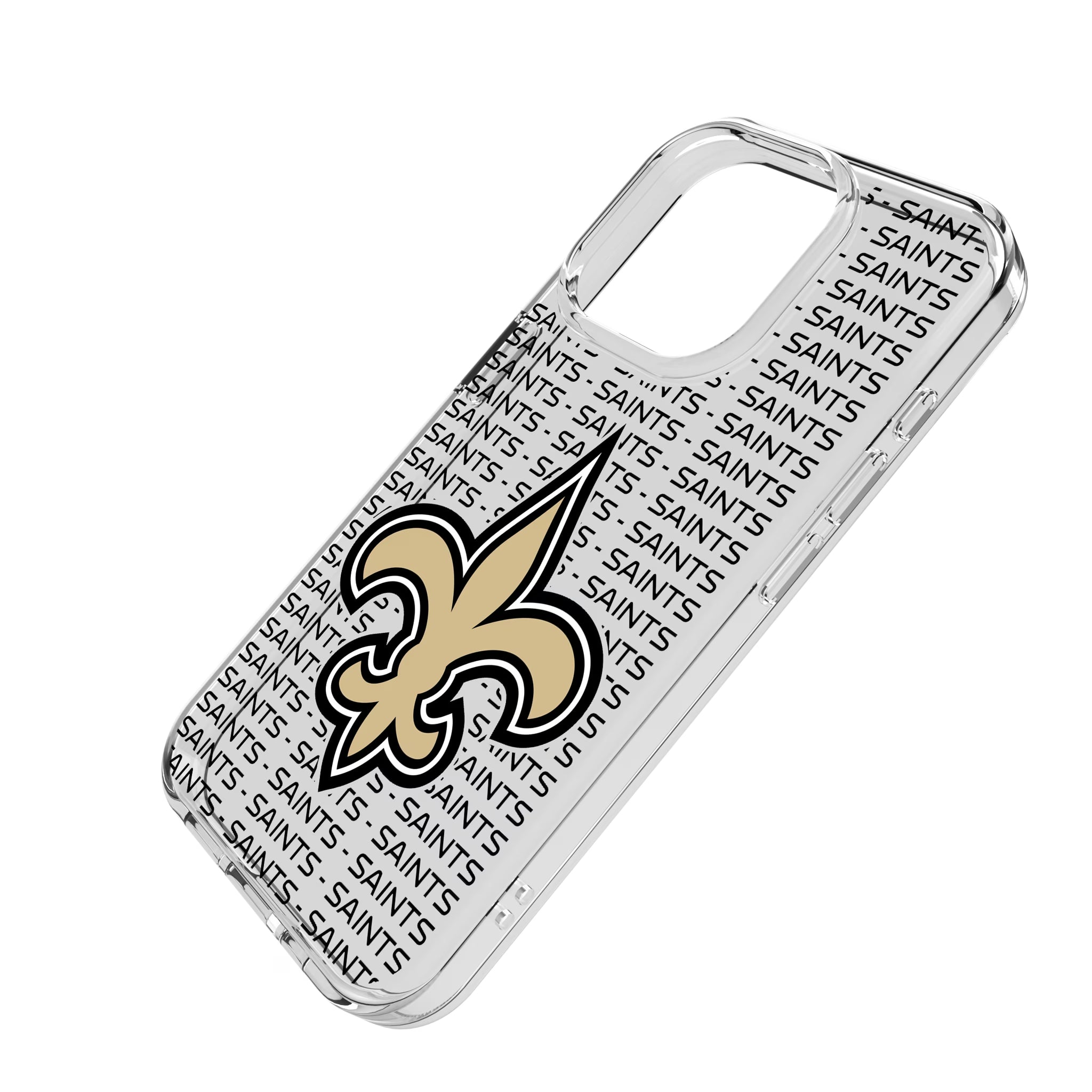 New Orleans Saints Text Backdrop iPhone Clear Phone Case for Apple iPhone - Isometric View