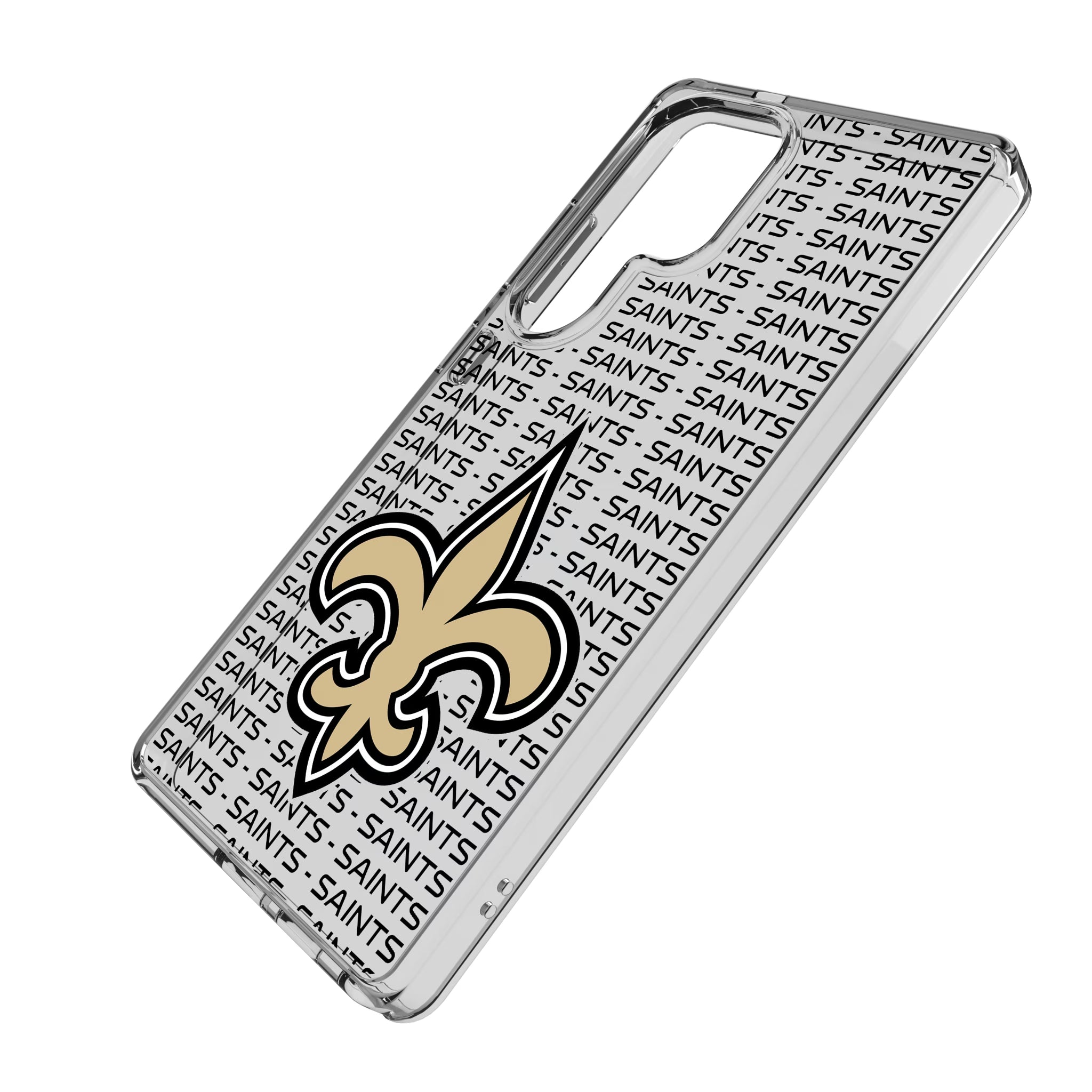 New Orleans Saints Text Backdrop Galaxy Clear Phone Case for Samsung Galaxy - Isometric View