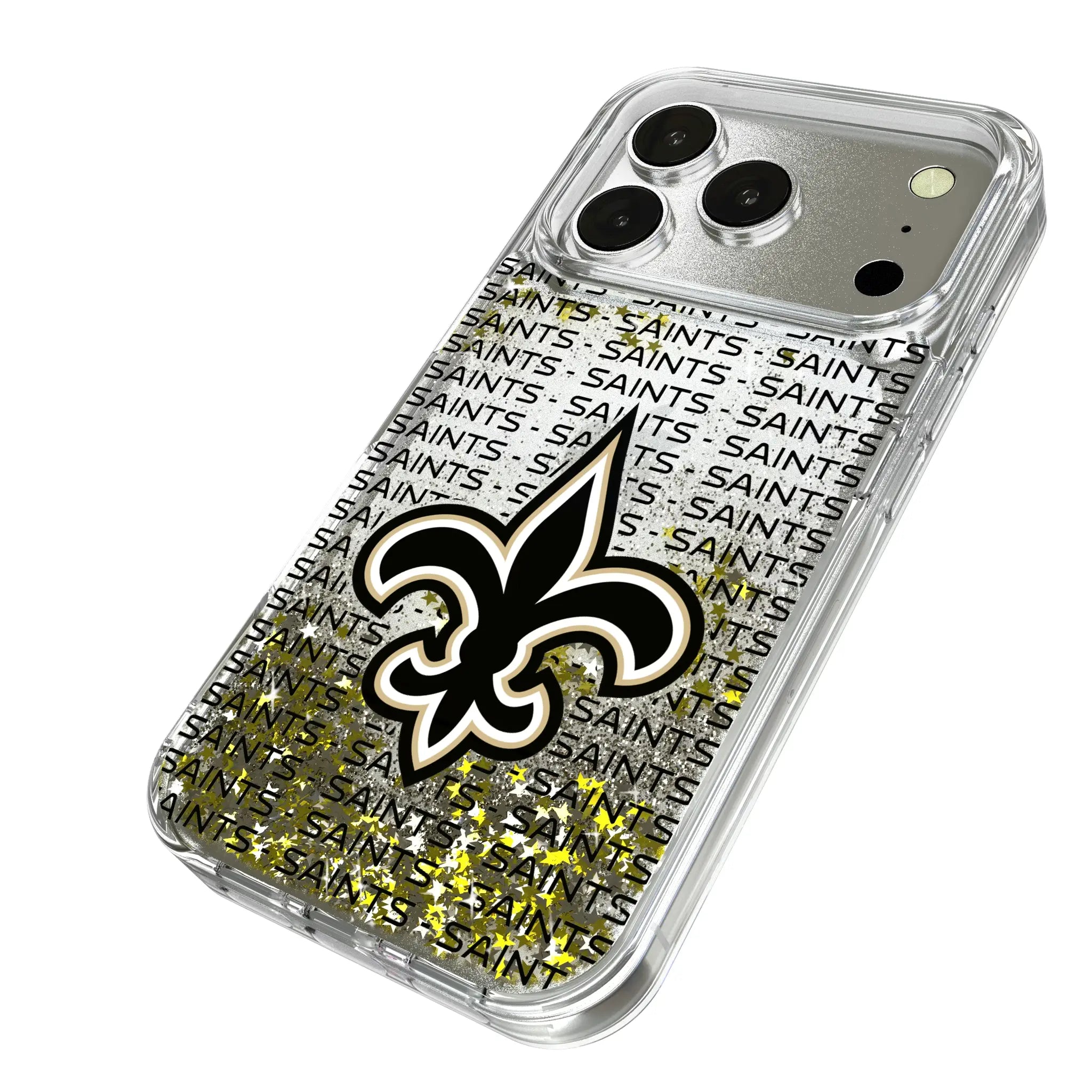 New Orleans Saints Text Backdrop iPhone Glitter Phone Case for Apple iPhone - Isometric View