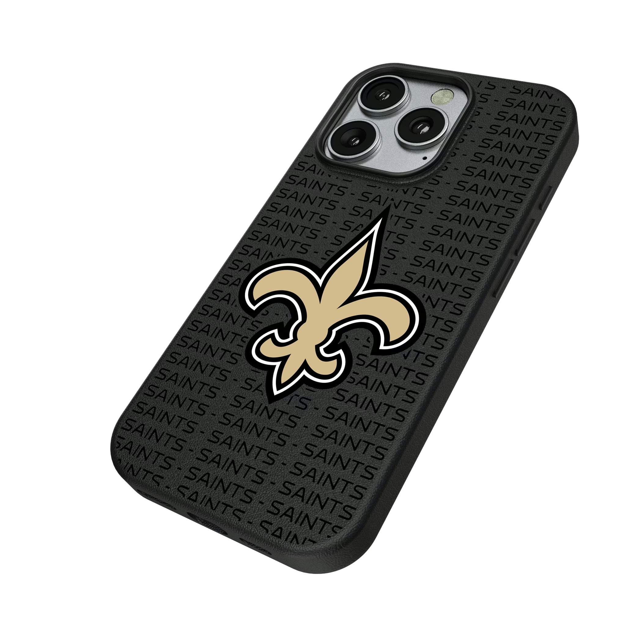 New Orleans Saints Text Backdrop iPhone MagSafe Compatible Phone Case for Apple iPhone - Isometric View