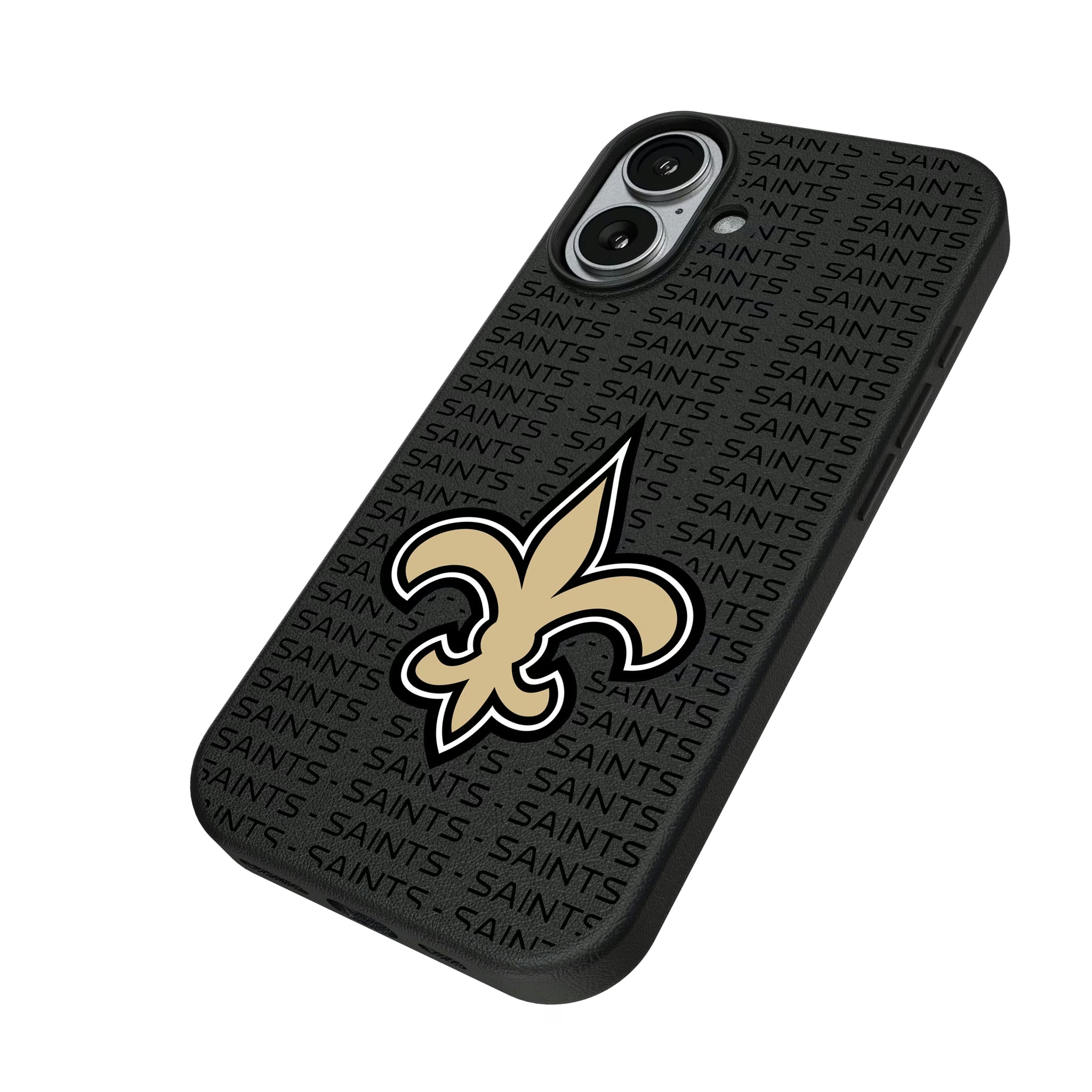 New Orleans Saints Text Backdrop iPhone MagSafe Compatible Phone Case for Apple iPhone - Isometric View#Device_iPhone 17
