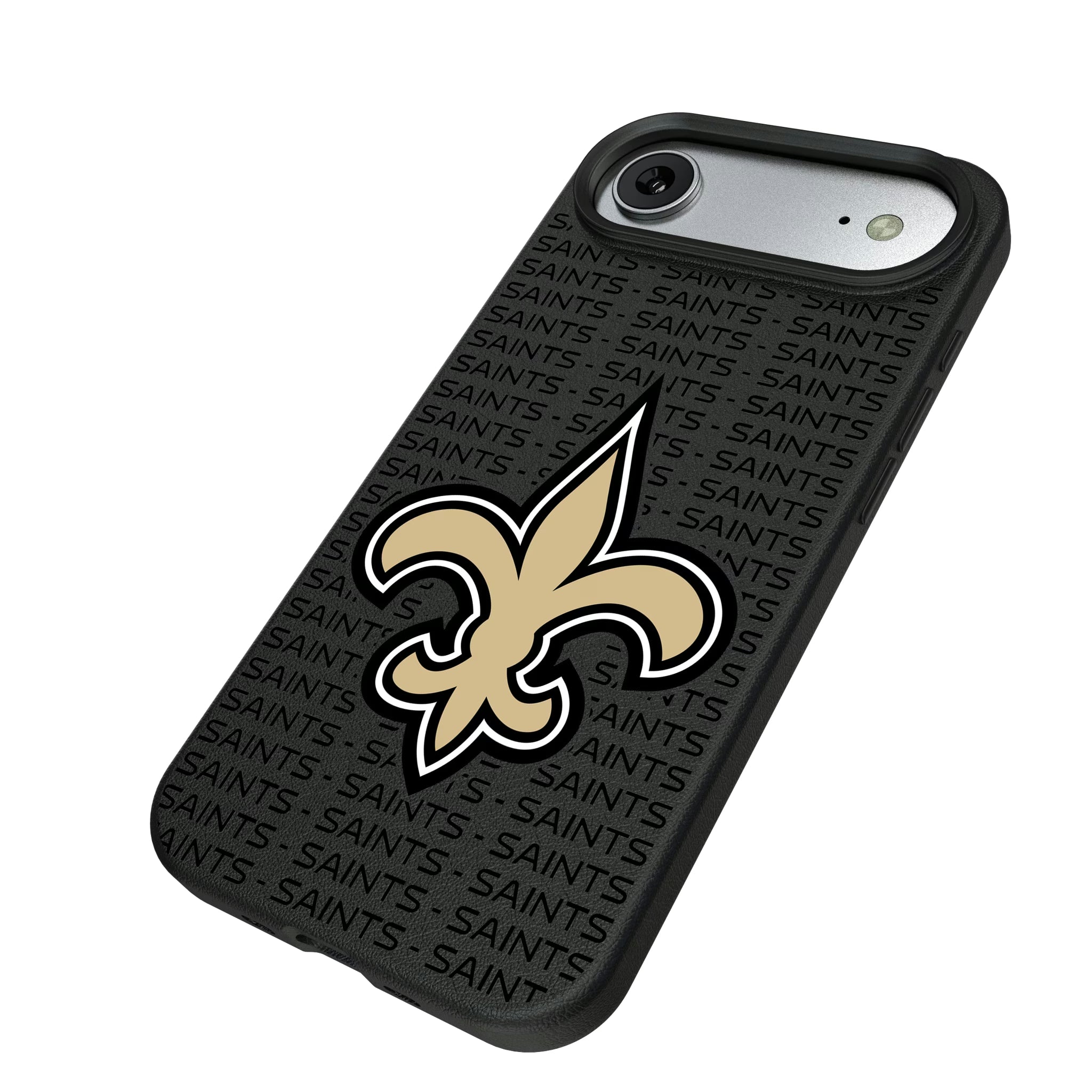 New Orleans Saints Text Backdrop iPhone MagSafe Compatible Phone Case for Apple iPhone - Isometric View#Device_iPhone Air