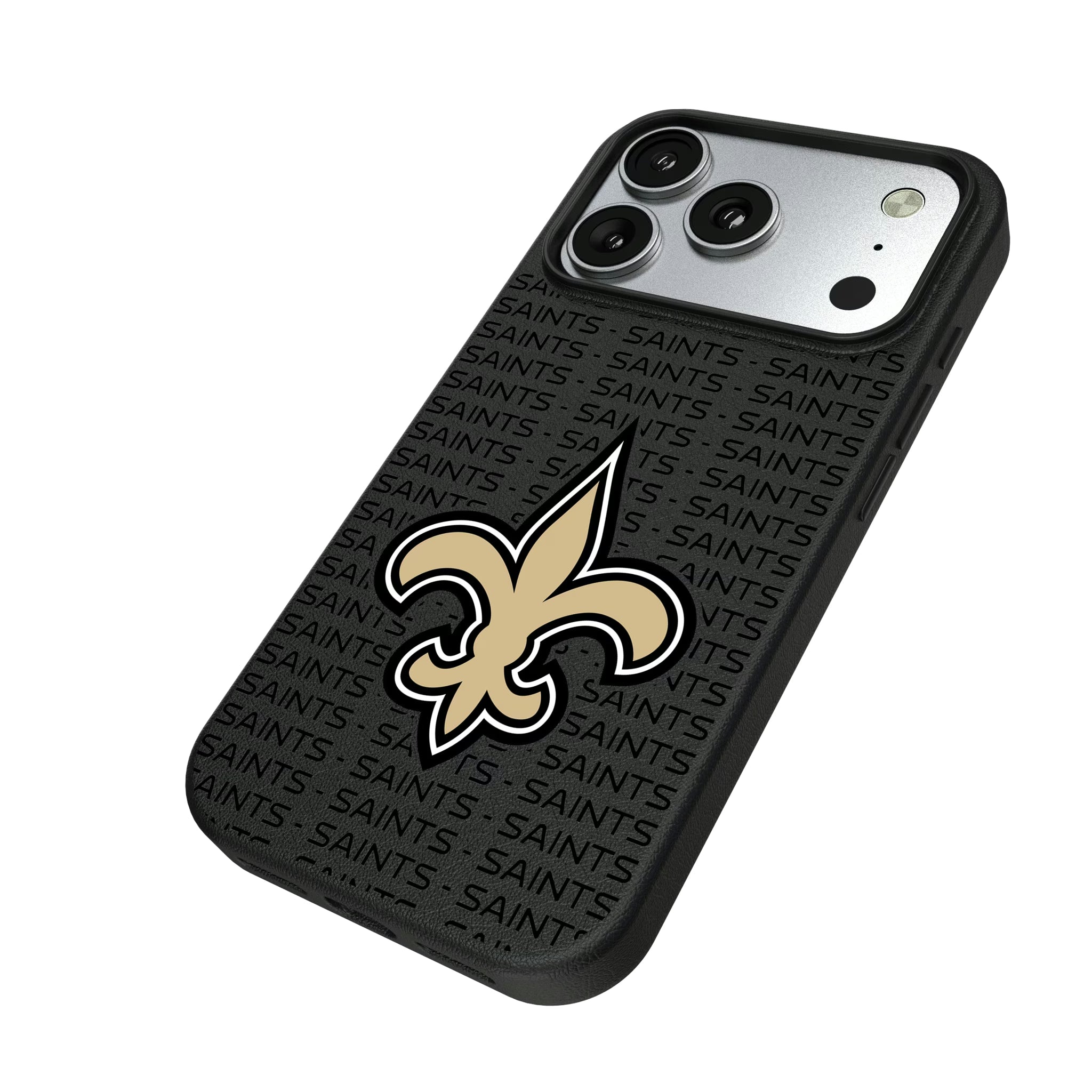 New Orleans Saints Text Backdrop iPhone MagSafe Compatible Phone Case for Apple iPhone - Isometric View#Device_iPhone 17 Pro