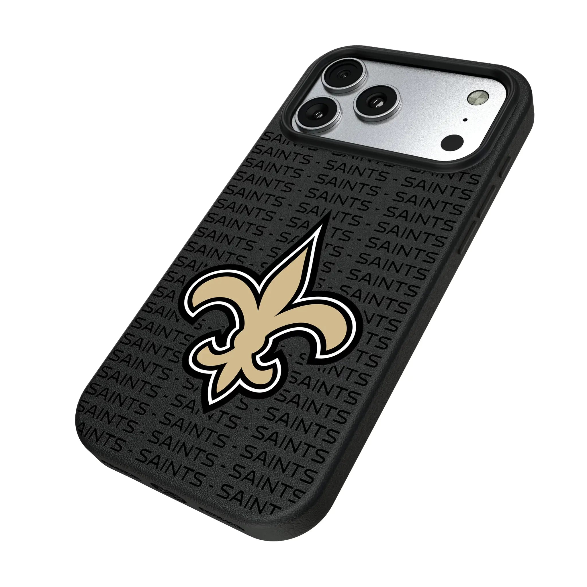 New Orleans Saints Text Backdrop iPhone MagSafe Compatible Phone Case for Apple iPhone - Isometric View#Device_iPhone 17 Pro Max