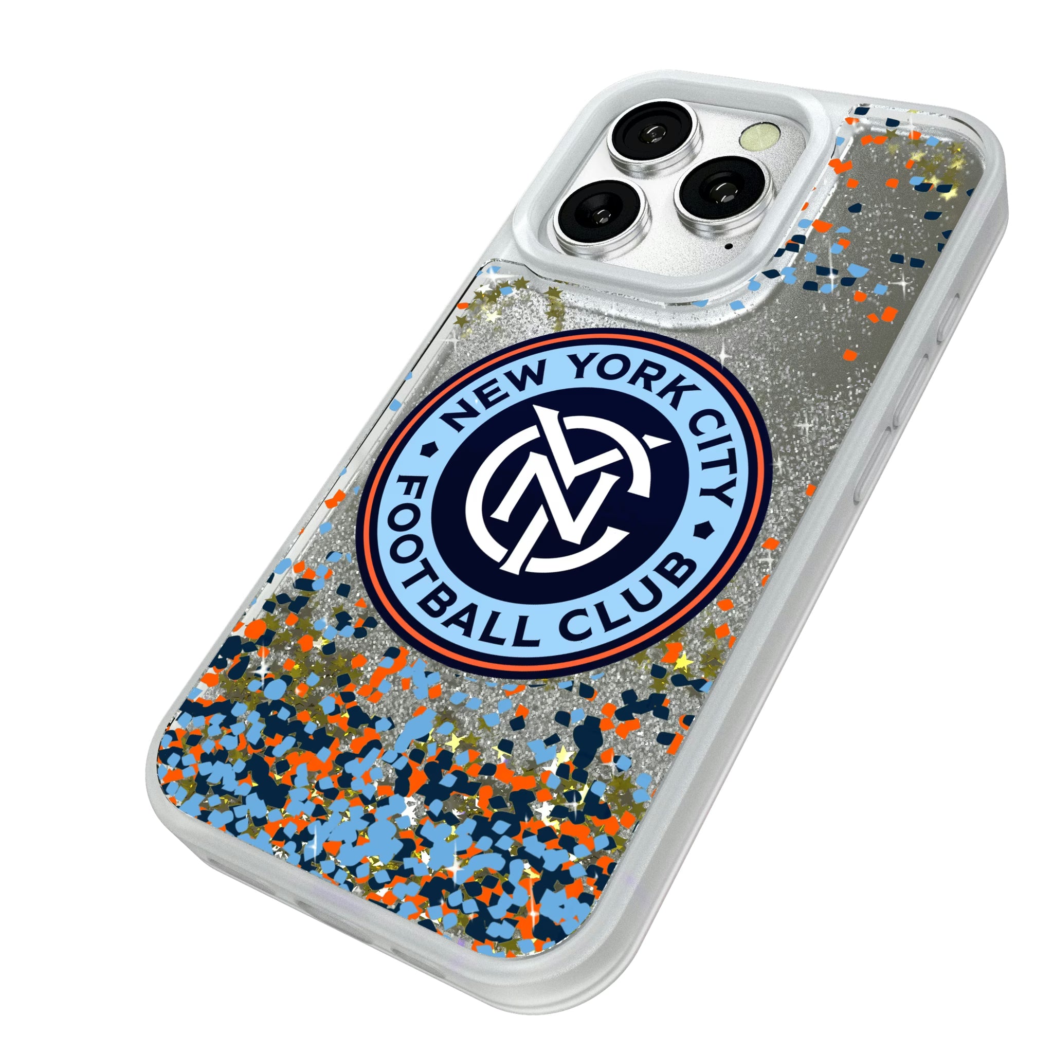 New York City FC Confetti iPhone Glitter Phone Case for Apple iPhone - Isometric View#Device_iPhone 16 Pro