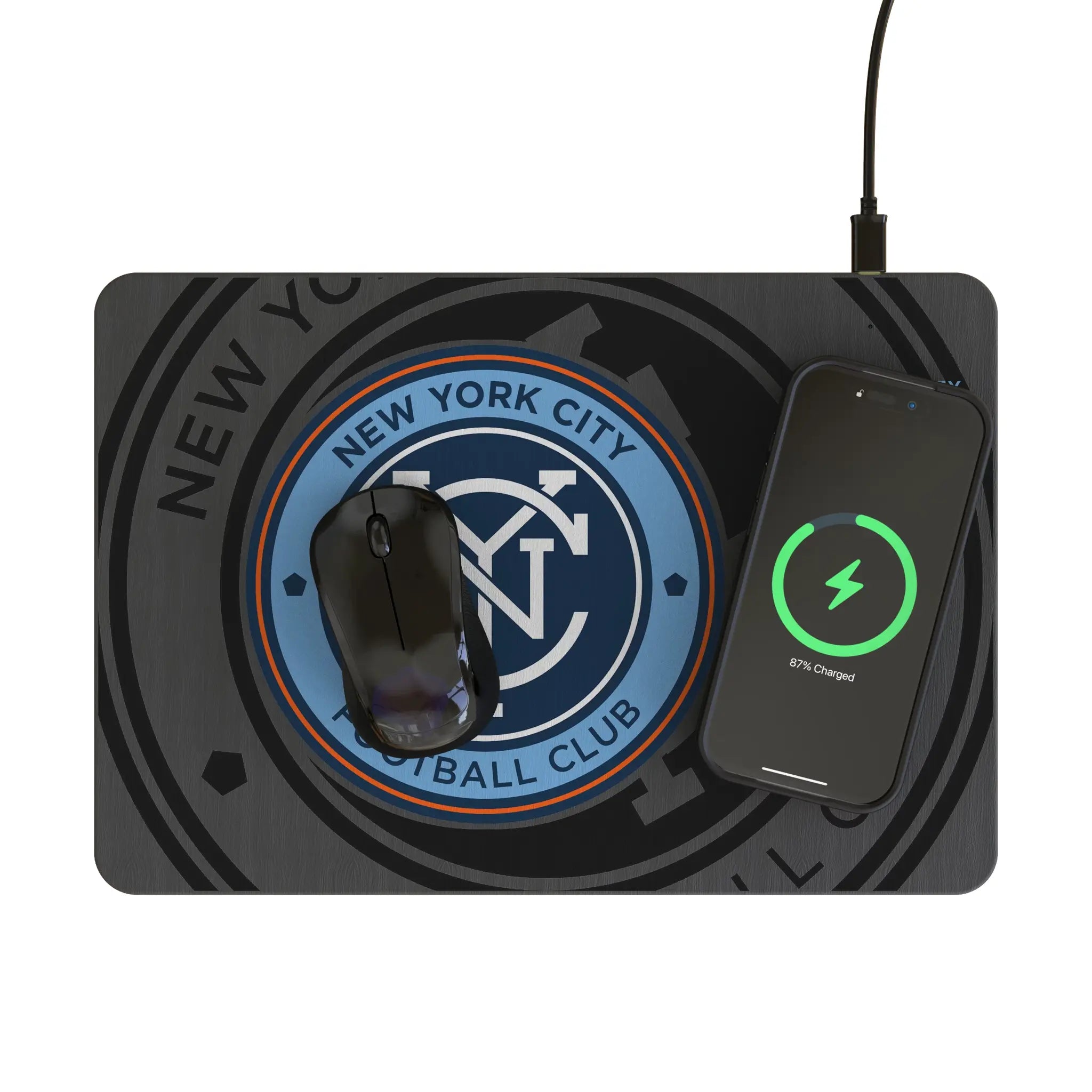 New York City FC Monocolor Tilt 15-Watt Wireless Charger and Mouse Pad - Lifestyle