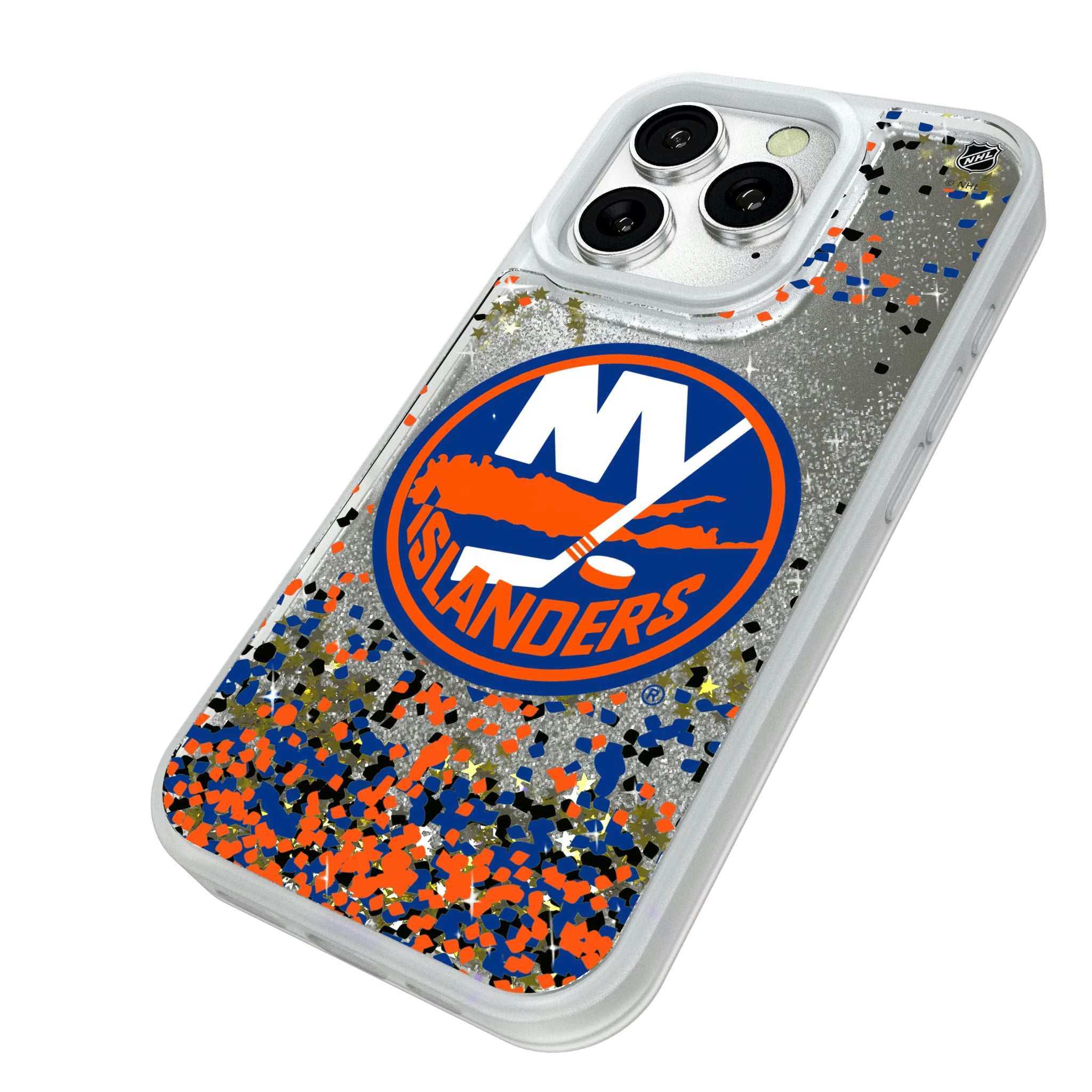 New York Islanders Confetti iPhone Glitter Phone Case for Apple iPhone - Isometric View#Device_iPhone 16 Pro