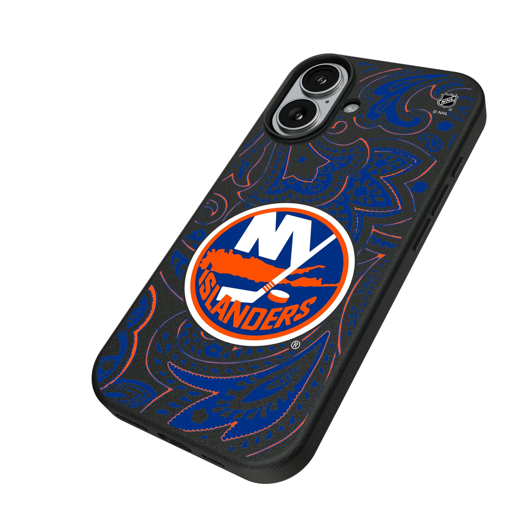 New York Islanders Paisley iPhone MagSafe Compatible Phone Case for Apple iPhone - Isometric View#Device_iPhone 17