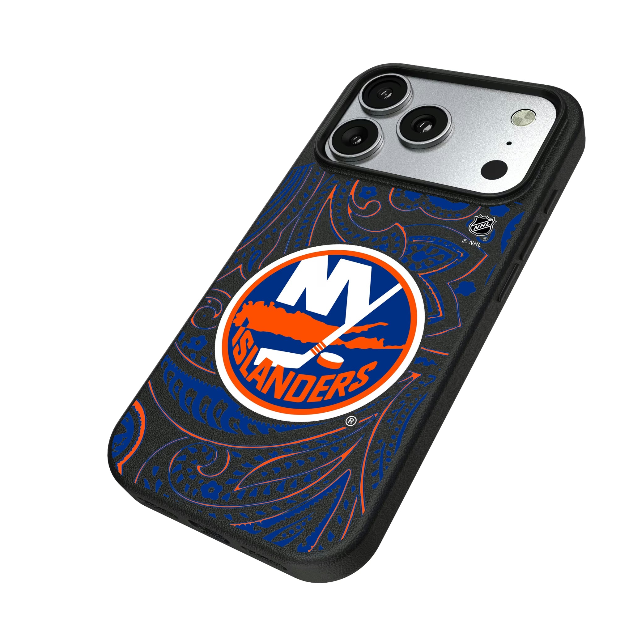 New York Islanders Paisley iPhone MagSafe Compatible Phone Case for Apple iPhone - Isometric View#Device_iPhone 17 Pro