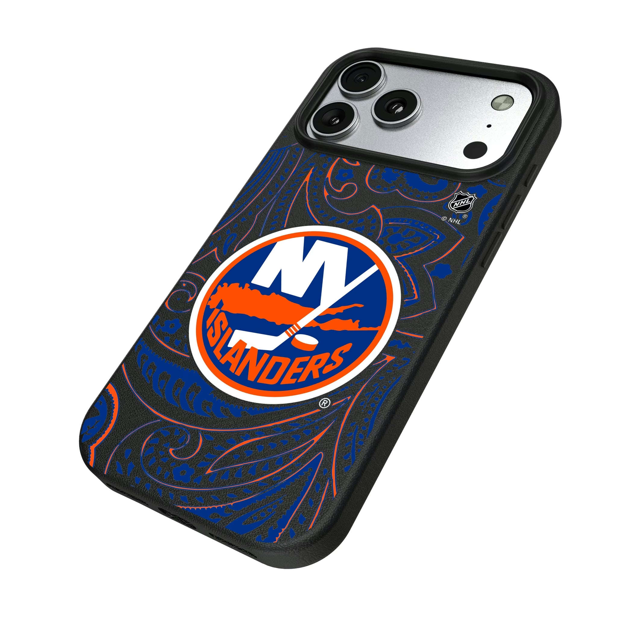 New York Islanders Paisley iPhone MagSafe Compatible Phone Case for Apple iPhone - Isometric View#Device_iPhone 17 Pro Max