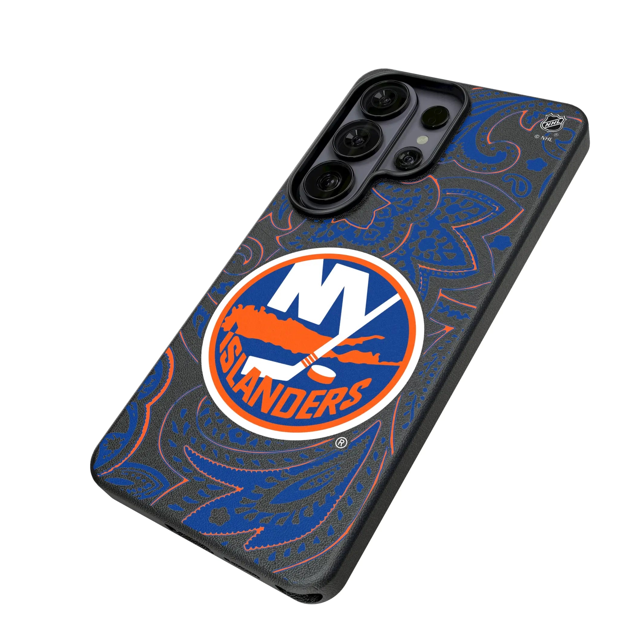 New York Islanders Paisley Galaxy MagSafe Compatible Phone Case for Samsung Galaxy - Isometric View#Device_Galaxy S26 Ultra