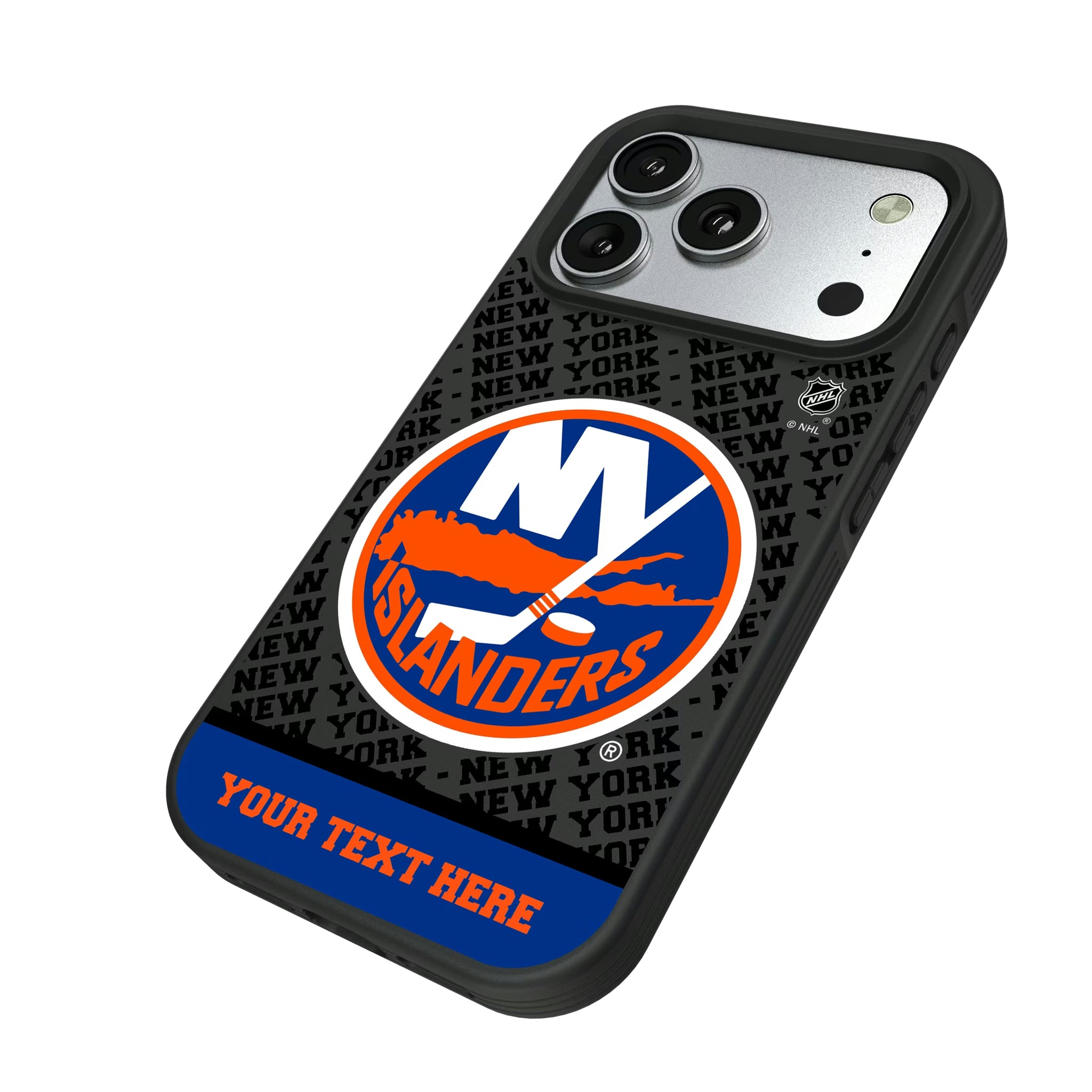 New York Islanders Personalized EndZone Plus iPhone Bump Phone Case for Apple iPhone - Isometric View#Device_iPhone 17 Pro