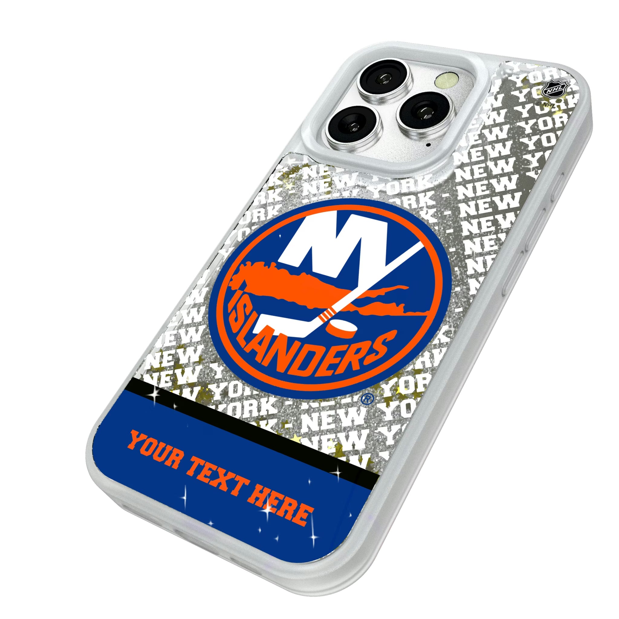 New York Islanders Personalized EndZone Plus iPhone Glitter Phone Case for Apple iPhone - Isometric View#Device_iPhone 16 Pro