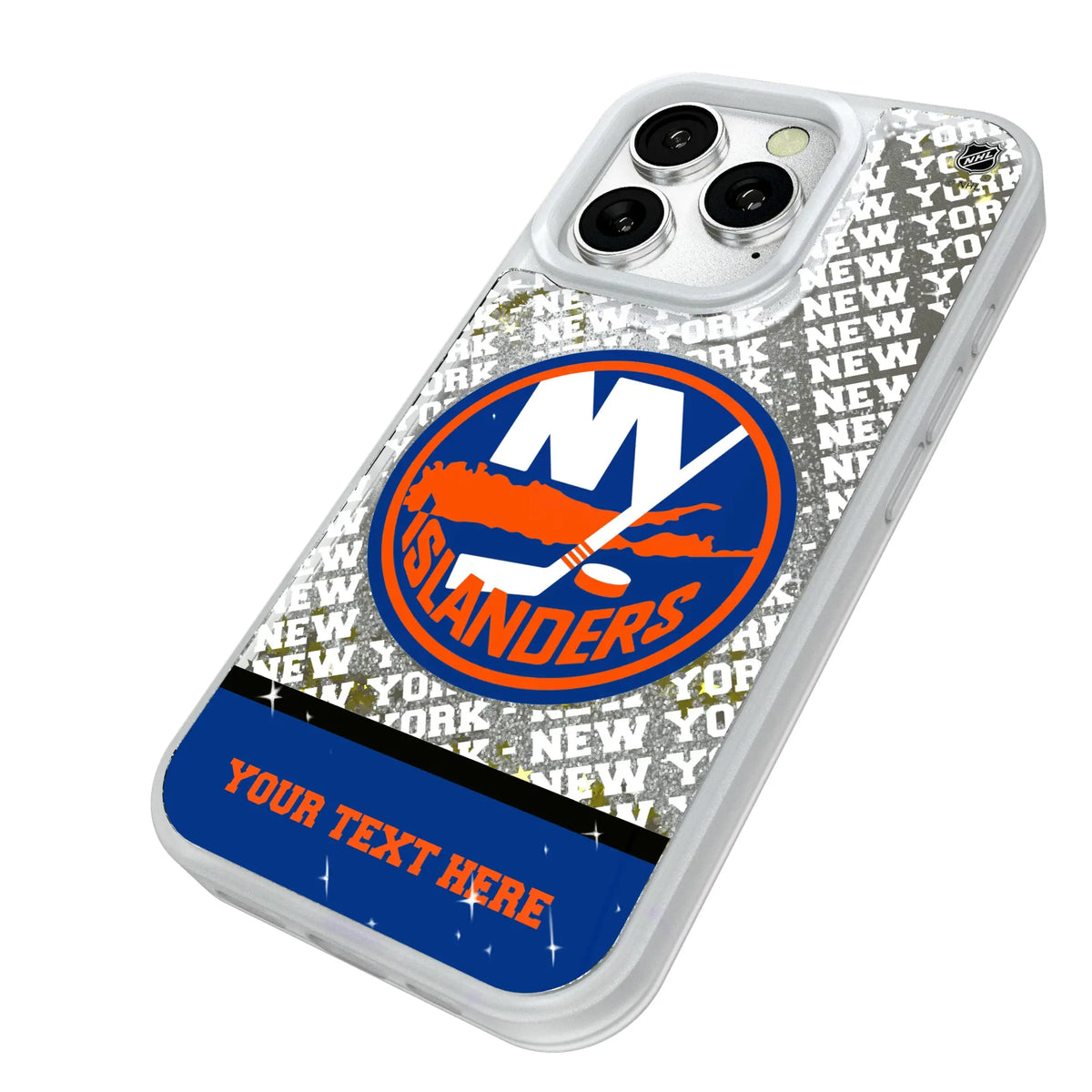 New York Islanders Personalized EndZone Plus iPhone Glitter Phone Case for Apple iPhone - Isometric View#Device_iPhone 16 Pro
