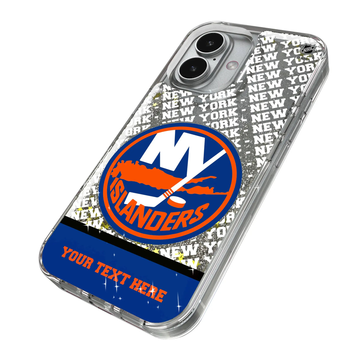 New York Islanders Personalized EndZone Plus iPhone Glitter Phone Case for Apple iPhone - Isometric View#Device_iPhone 17