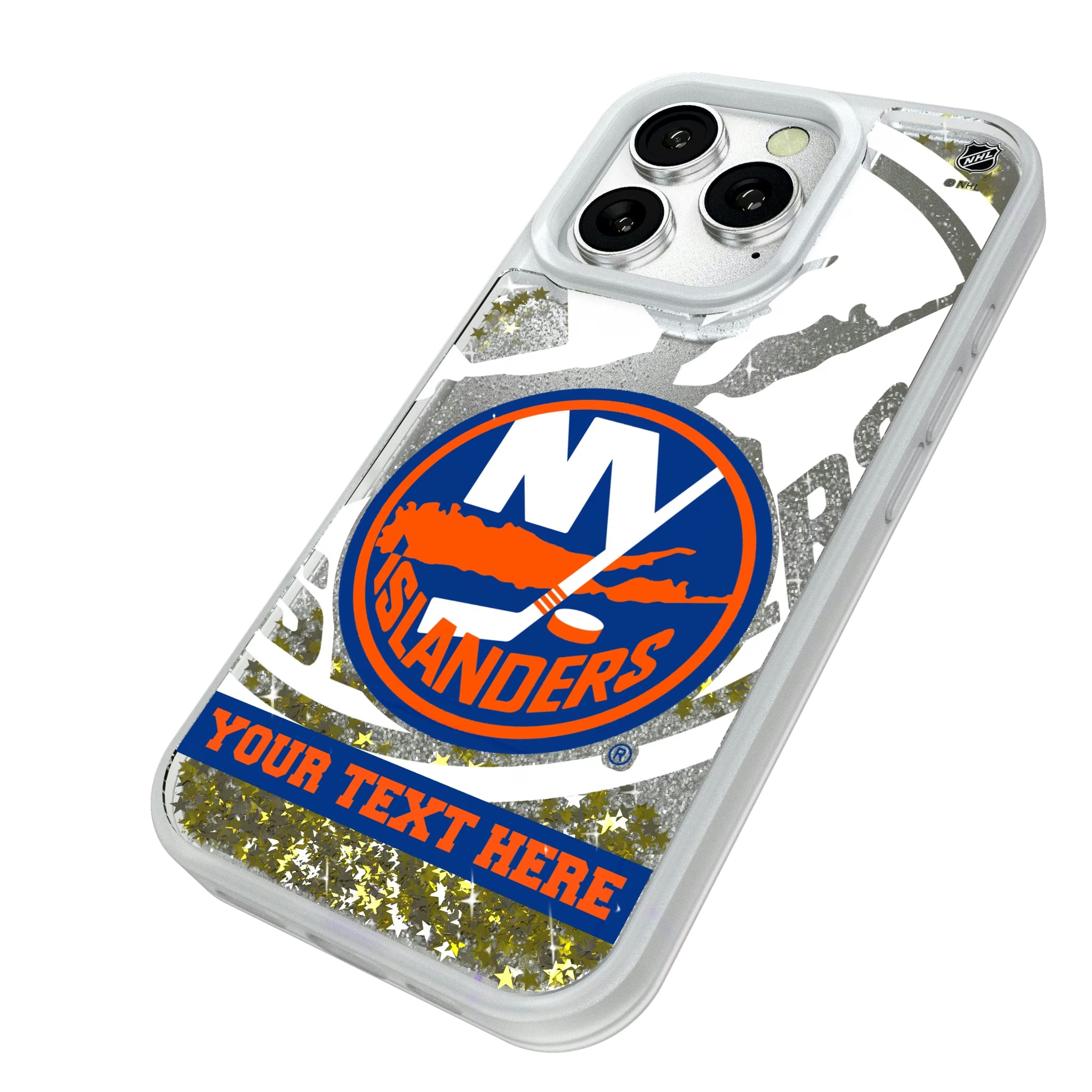 New York Islanders Personalized Tilt iPhone Glitter Phone Case for Apple iPhone - Isometric View#Device_iPhone 16 Pro