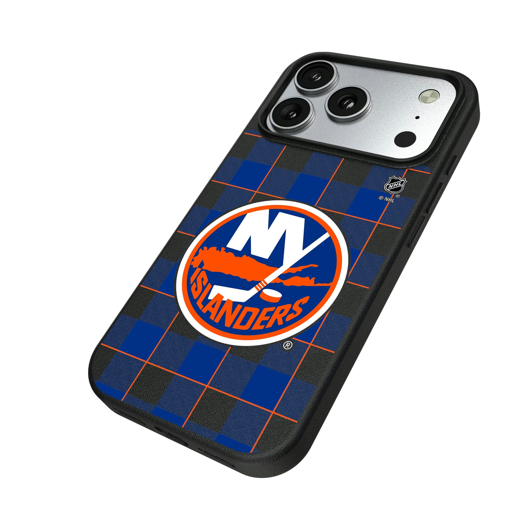 New York Islanders Plaid iPhone MagSafe Compatible Phone Case for Apple iPhone - Isometric View#Device_iPhone 17 Pro