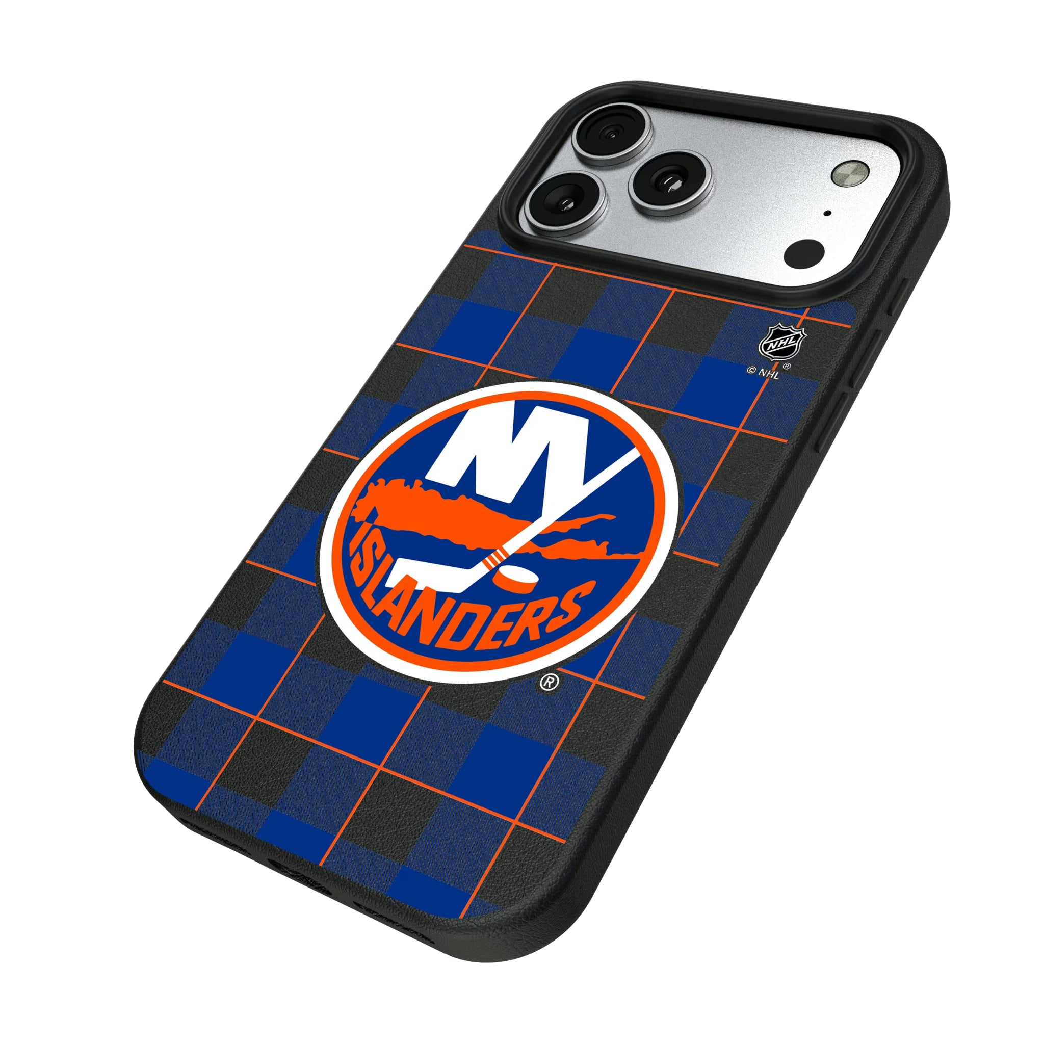 New York Islanders Plaid iPhone MagSafe Compatible Phone Case for Apple iPhone - Isometric View#Device_iPhone 17 Pro Max