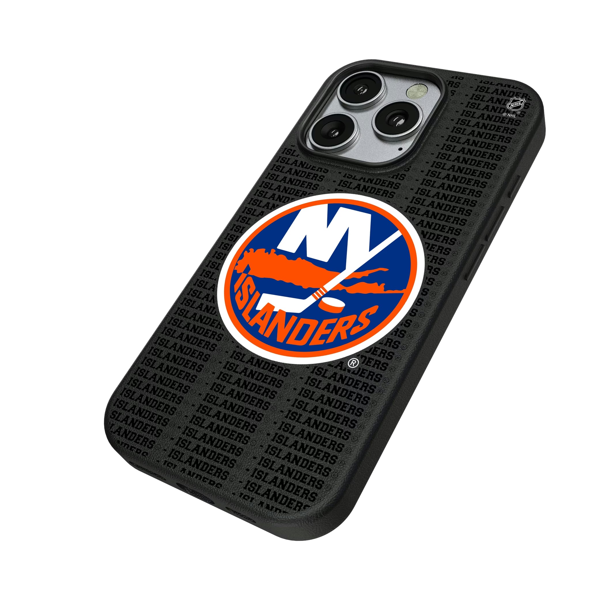 New York Islanders Text Backdrop iPhone MagSafe Compatible Phone Case for Apple iPhone - Isometric View