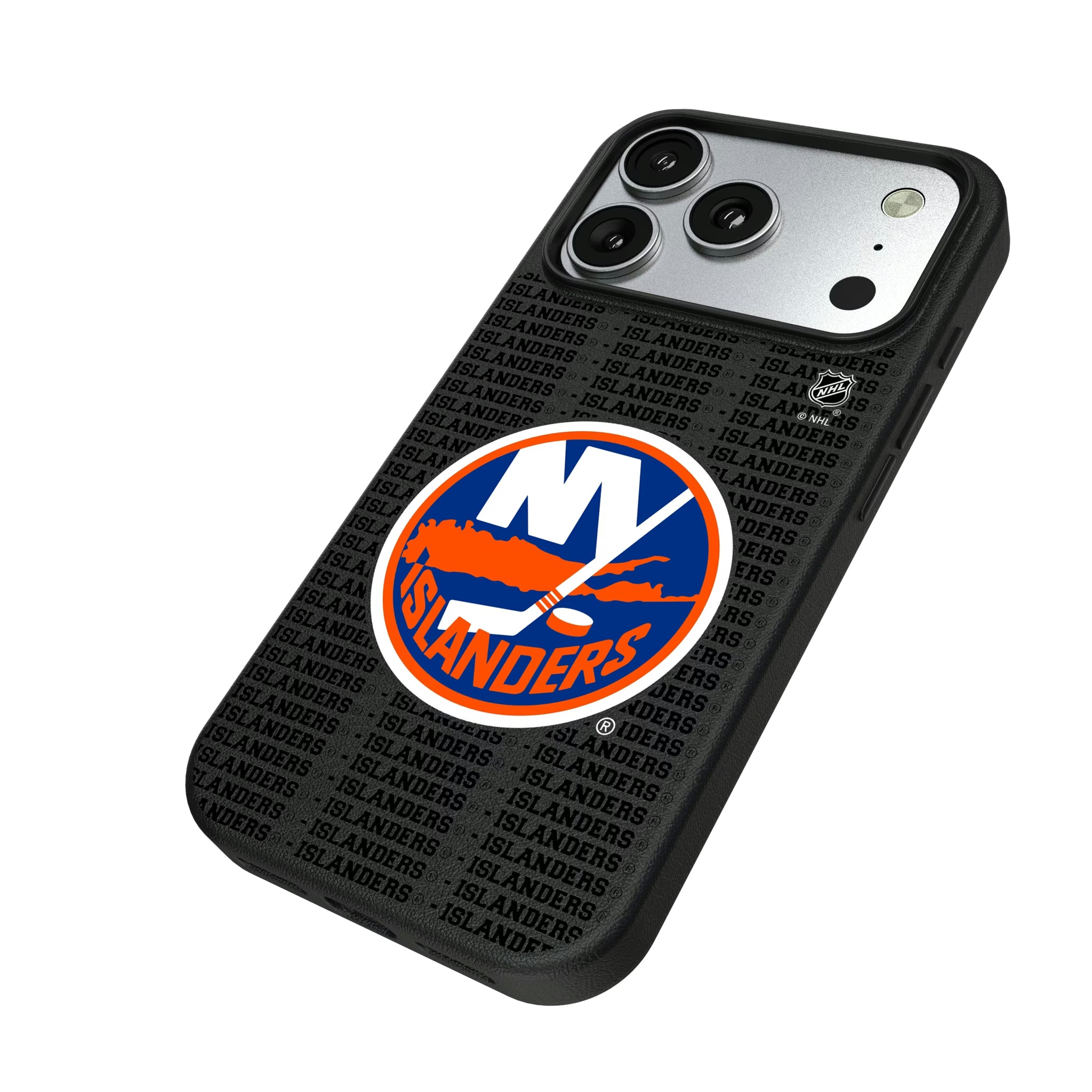 New York Islanders Text Backdrop iPhone MagSafe Compatible Phone Case for Apple iPhone - Isometric View#Device_iPhone 17 Pro