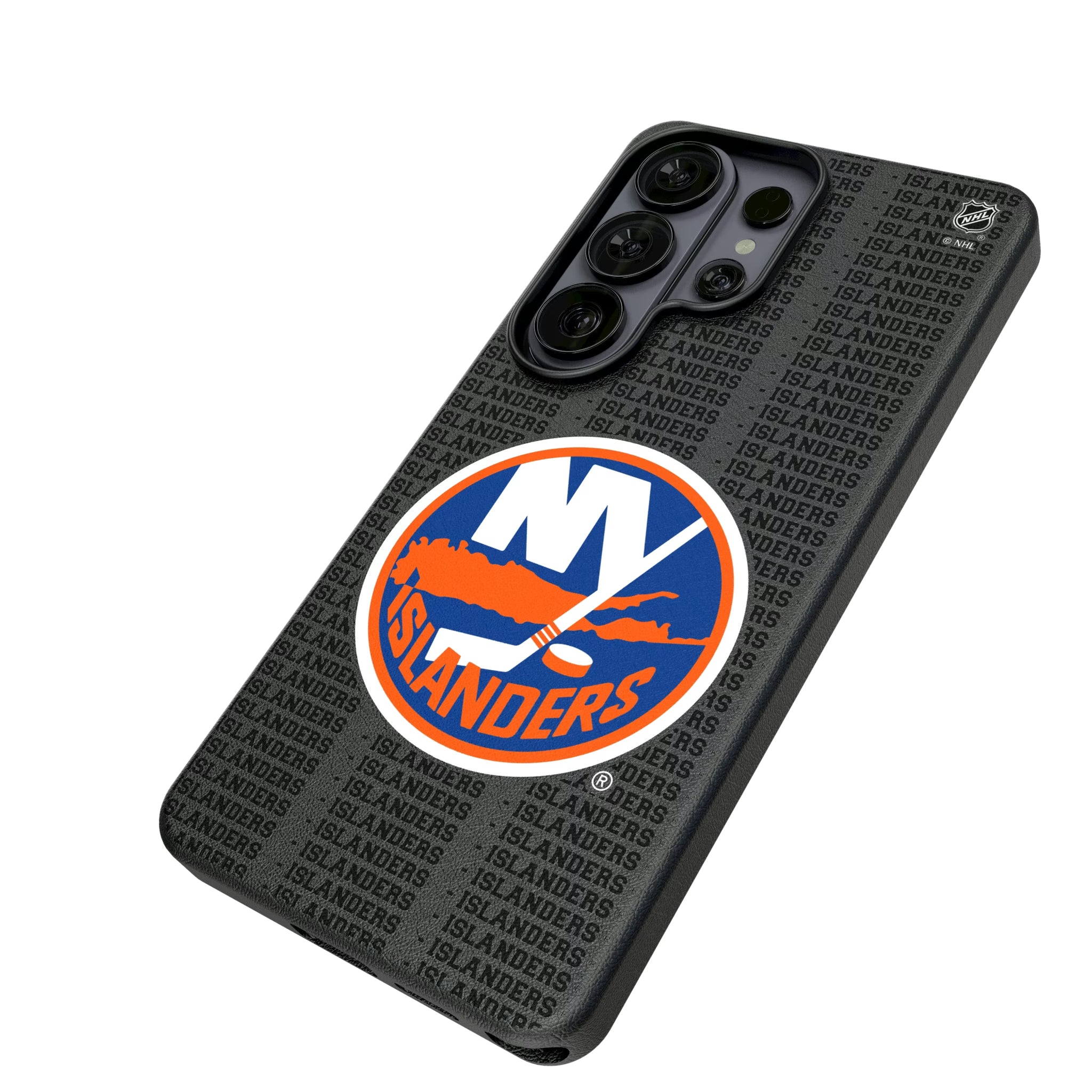 New York Islanders Text Backdrop Galaxy MagSafe Compatible Phone Case for Samsung Galaxy - Isometric View