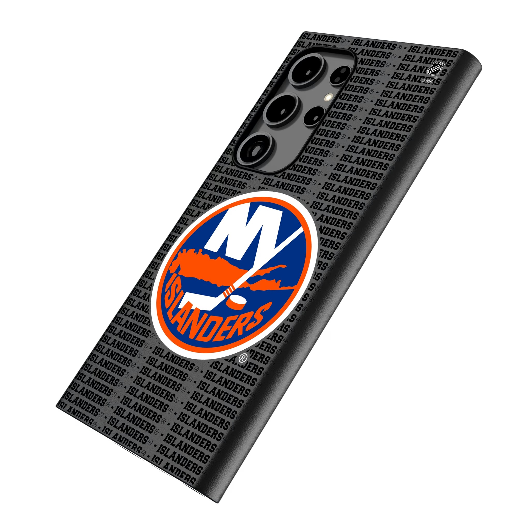 New York Islanders Text Backdrop Galaxy MagSafe Compatible Phone Case for Samsung Galaxy - Isometric View