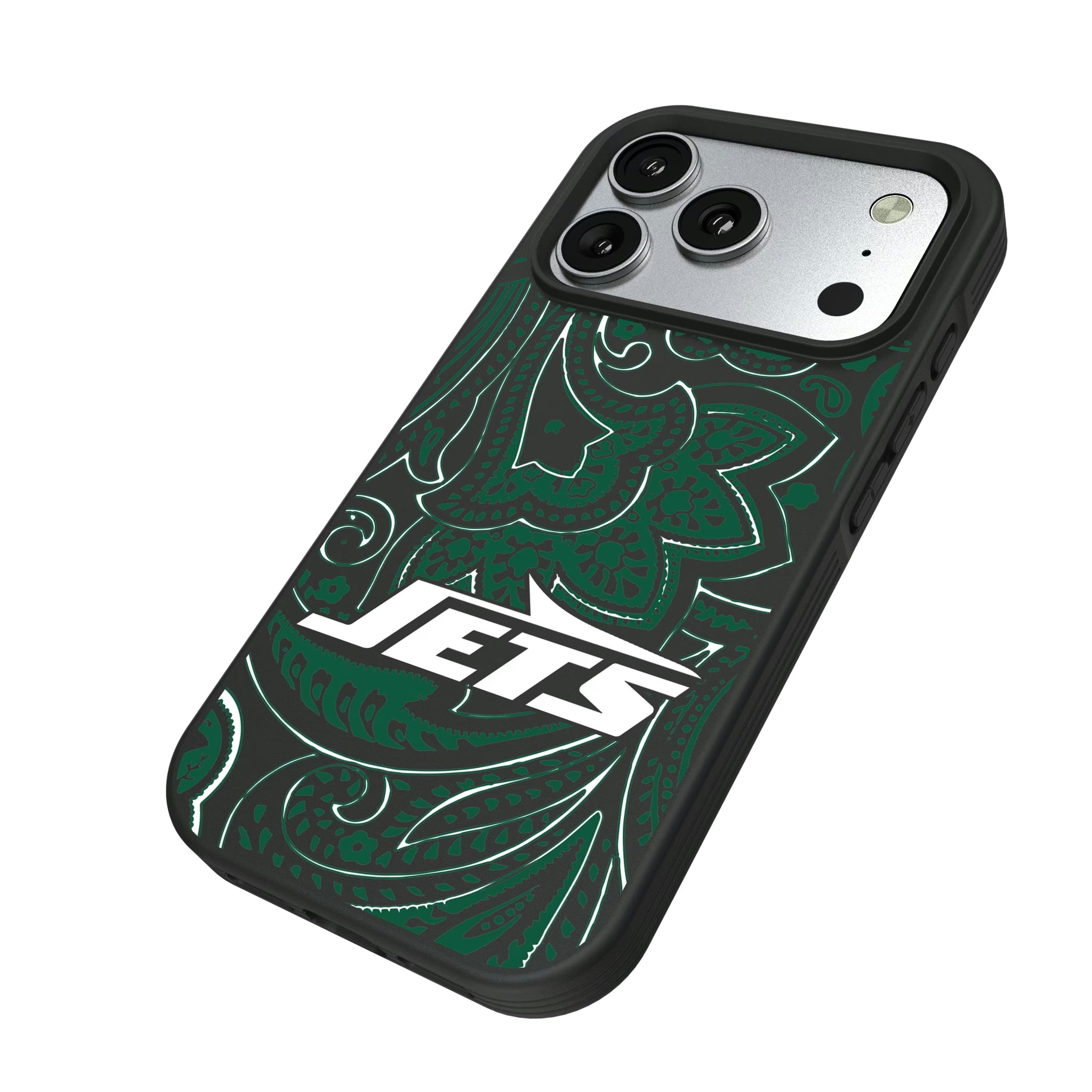 New York Jets Paisley iPhone Bump Phone Case for Apple iPhone - Isometric View#Device_iPhone 17 Pro