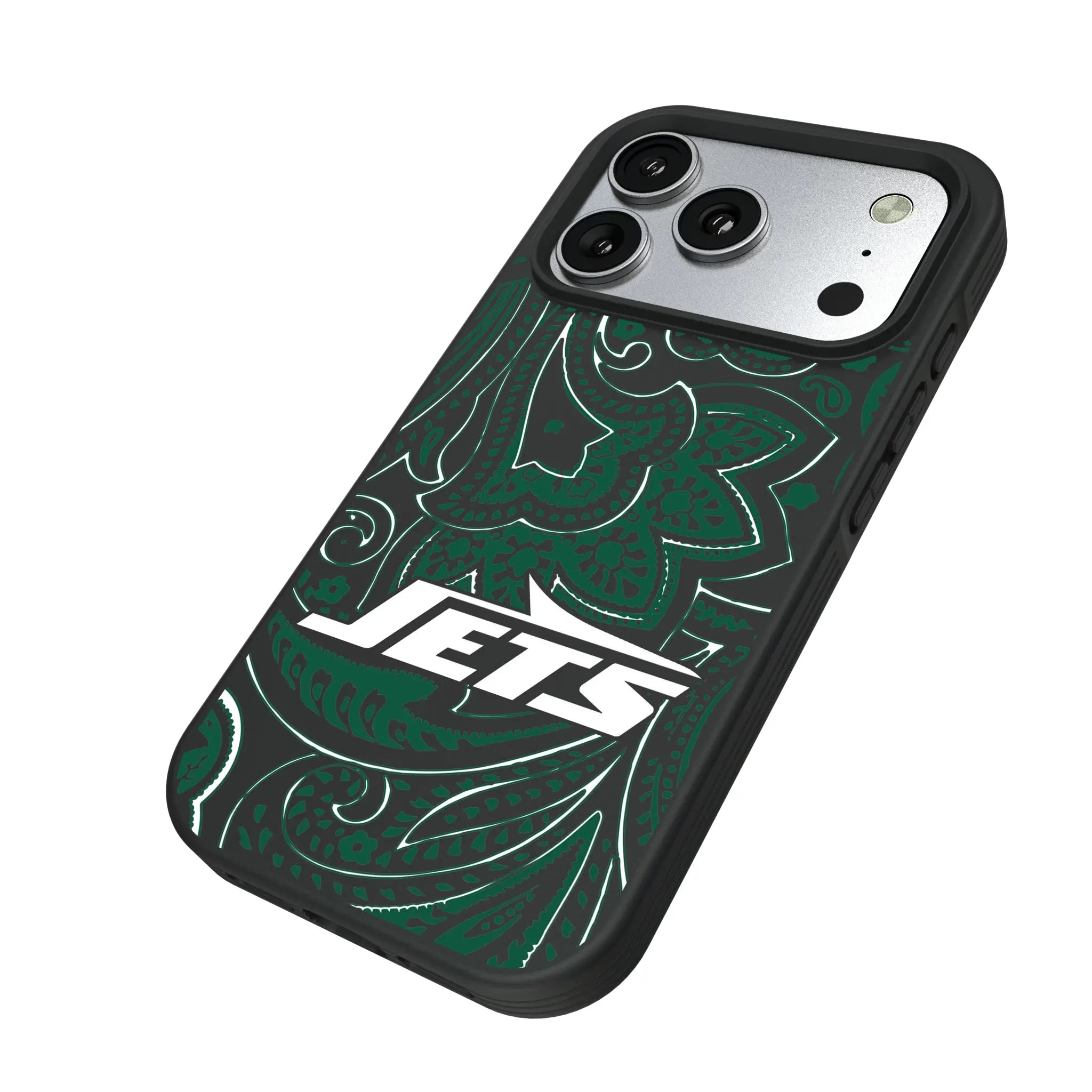 New York Jets Paisley iPhone Bump Phone Case for Apple iPhone - Isometric View#Device_iPhone 17 Pro