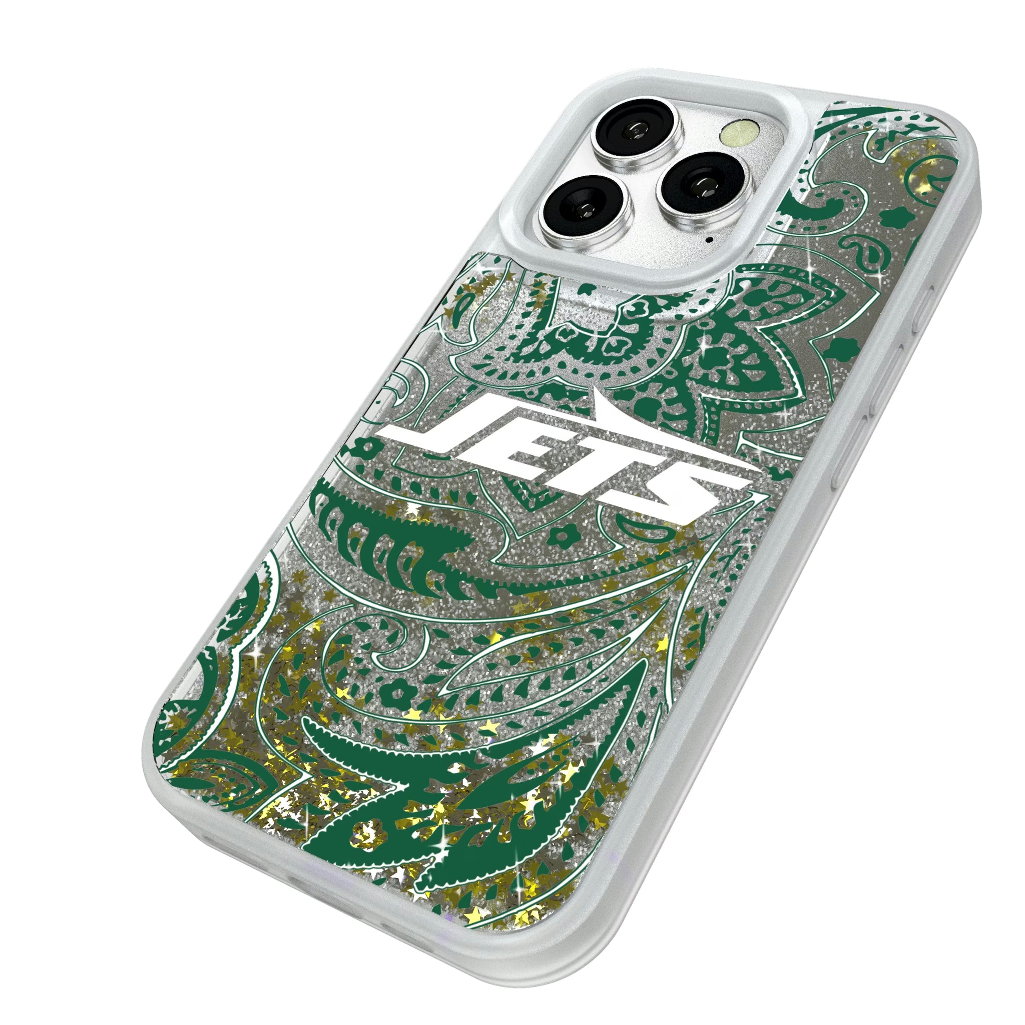 New York Jets Paisley iPhone Glitter Phone Case for Apple iPhone - Isometric View#Device_iPhone 16 Pro