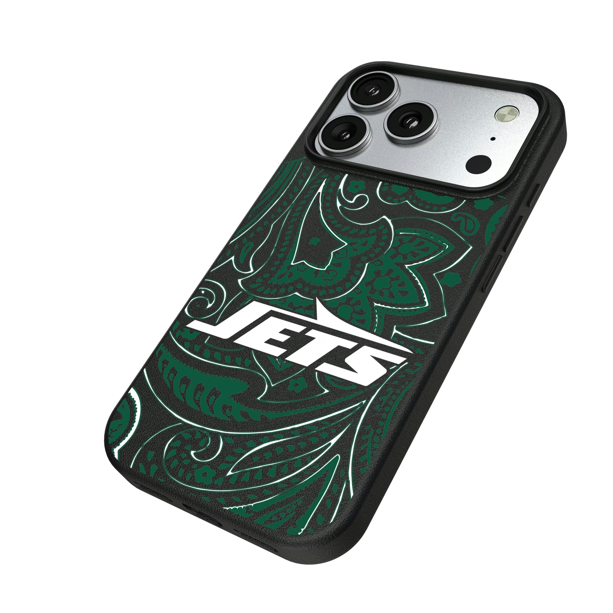 New York Jets Paisley iPhone MagSafe Compatible Phone Case for Apple iPhone - Isometric View#Device_iPhone 17 Pro