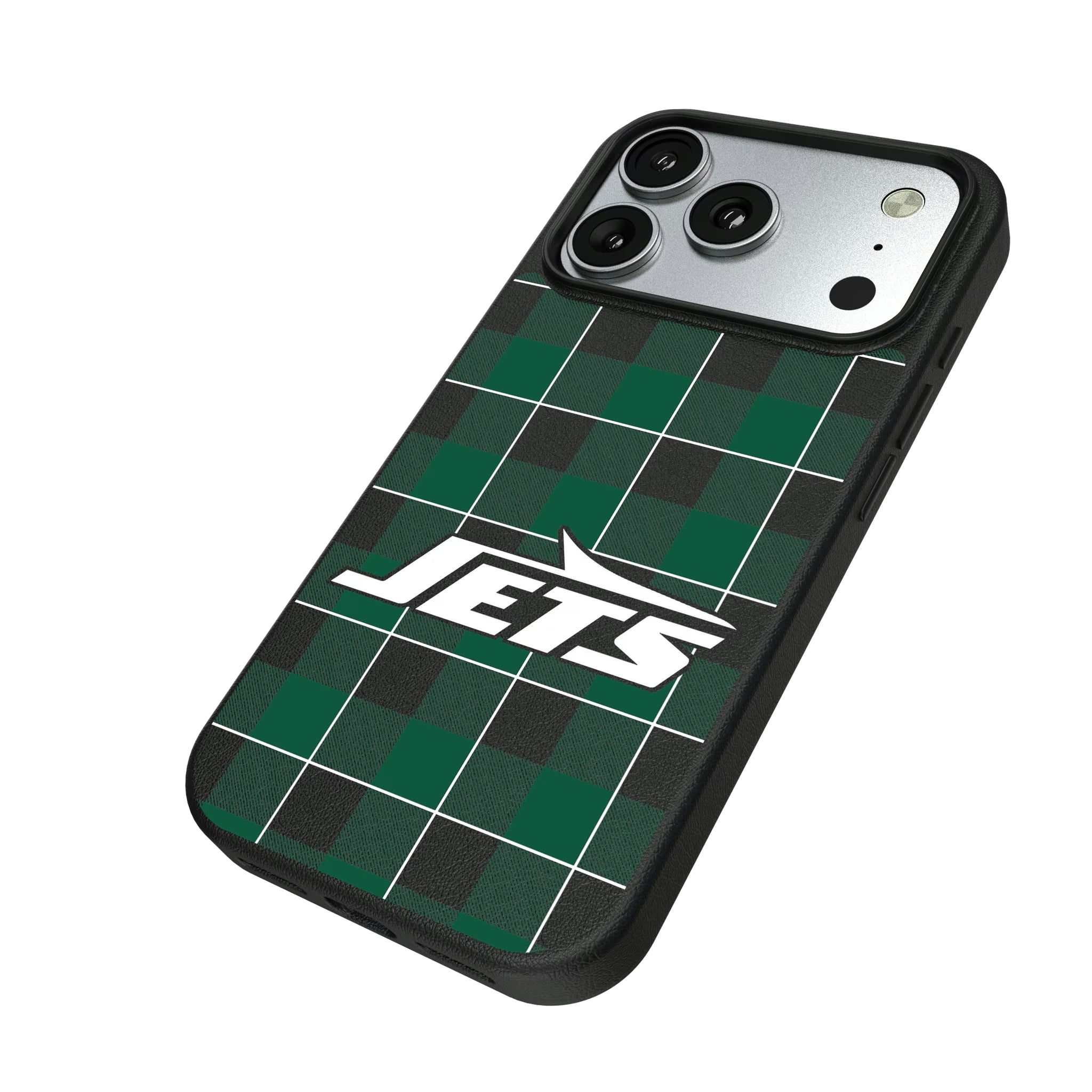 New York Jets Plaid iPhone MagSafe Compatible Phone Case for Apple iPhone - Isometric View#Device_iPhone 17 Pro