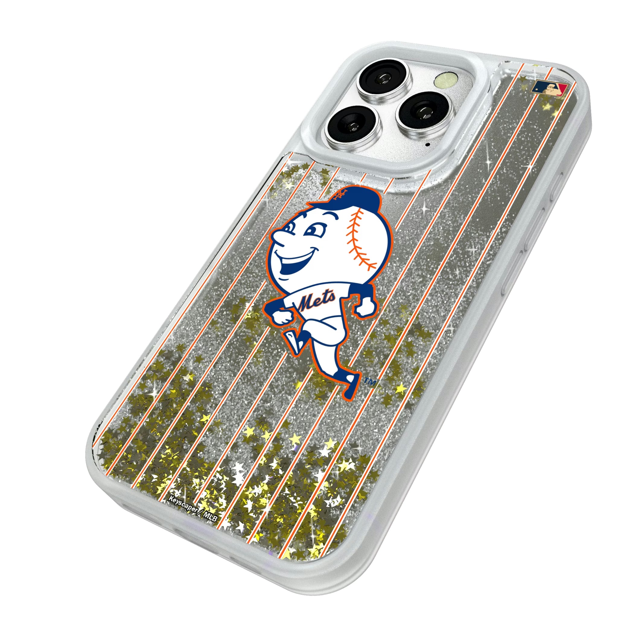New York Mets 2014 - Cooperstown Collection Pinstripe iPhone Glitter Phone Case for Apple iPhone - Isometric View#Device_iPhone 16 Pro