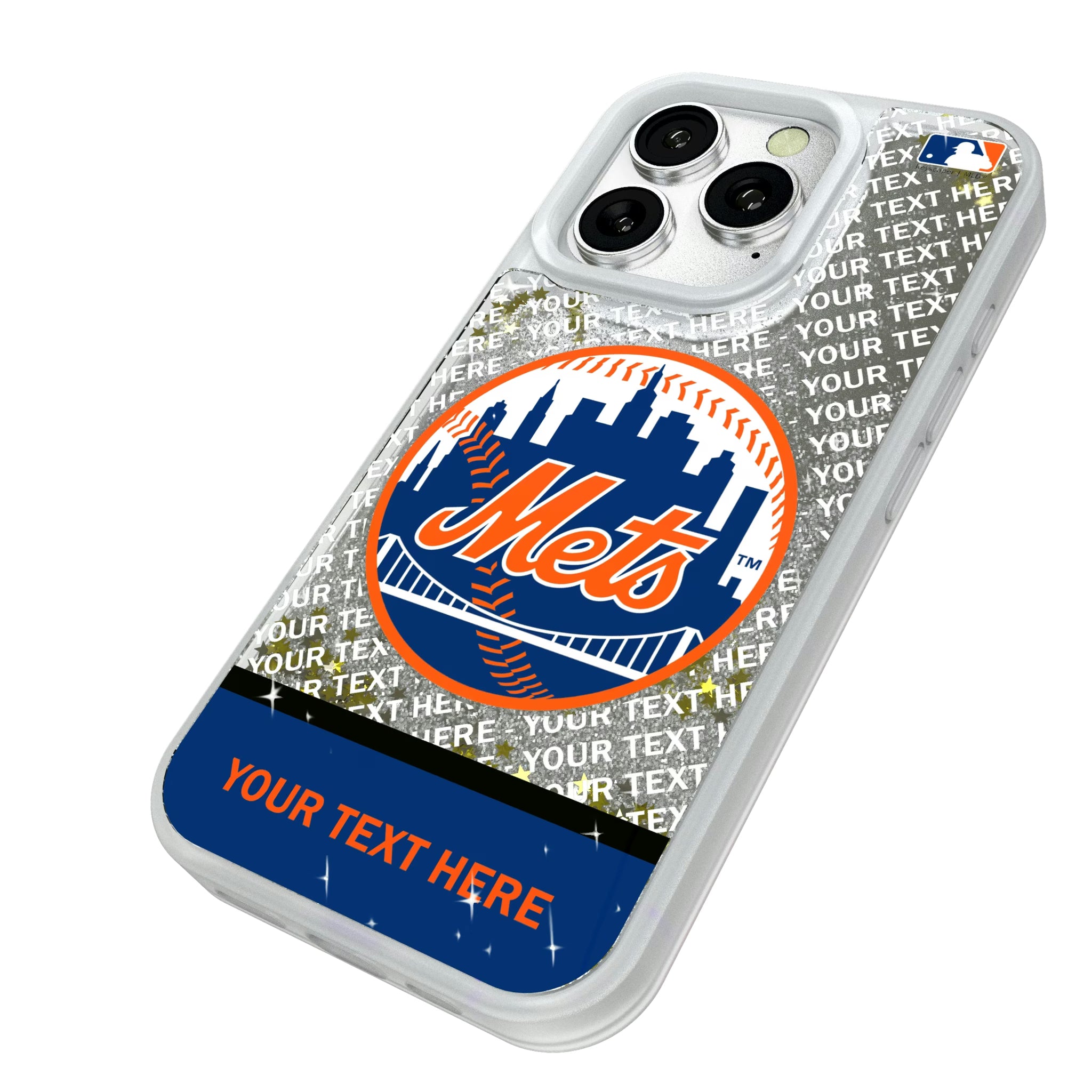 New York Mets Personalized EndZone Plus iPhone Glitter Phone Case for Apple iPhone - Isometric View#Device_iPhone 16 Pro