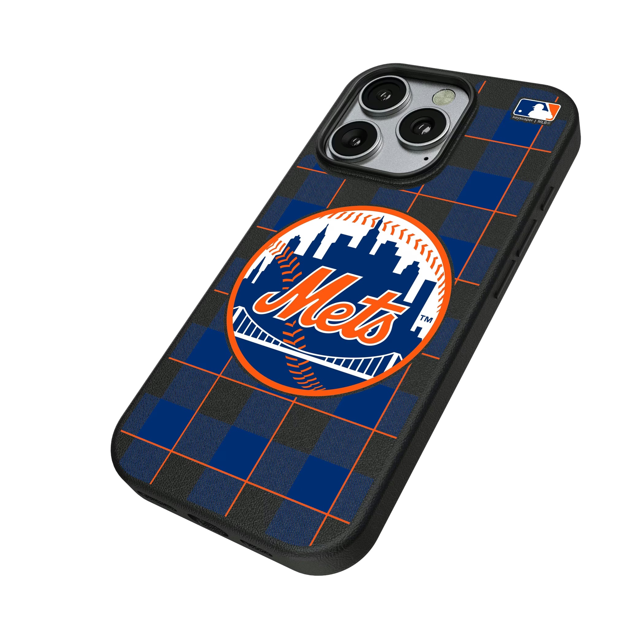 New York Mets Plaid iPhone MagSafe Compatible Phone Case for Apple iPhone - Isometric View