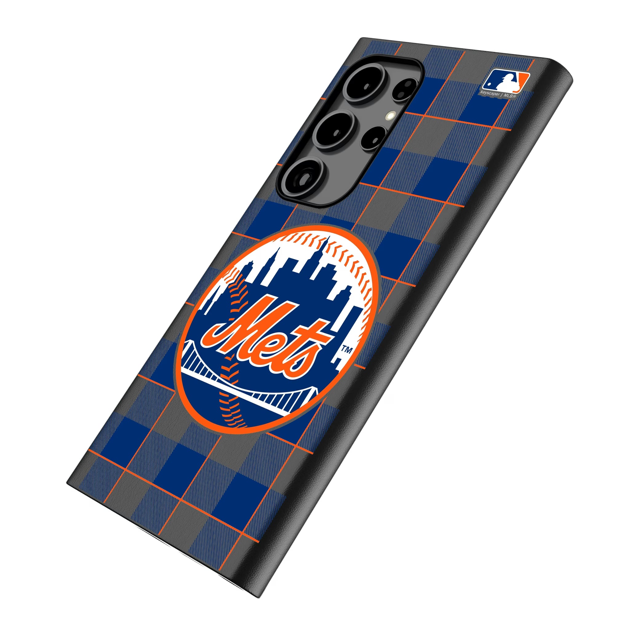 New York Mets Plaid Galaxy MagSafe Compatible Phone Case for Samsung Galaxy - Isometric View