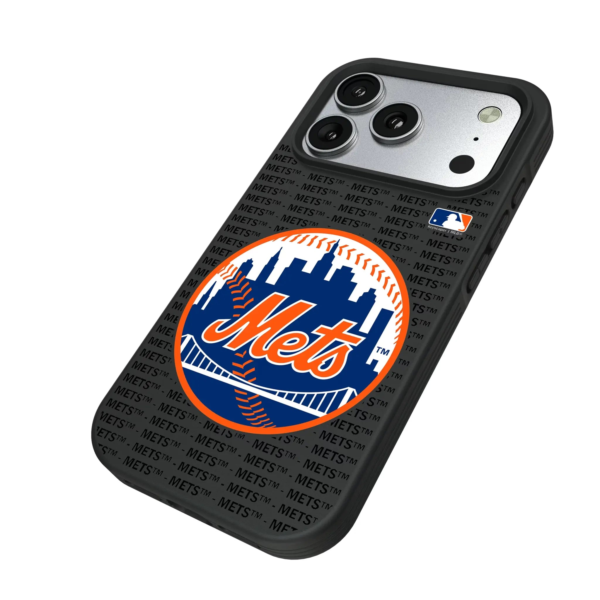 New York Mets Text Backdrop iPhone Bump Phone Case for Apple iPhone - Isometric View#Device_iPhone 17 Pro