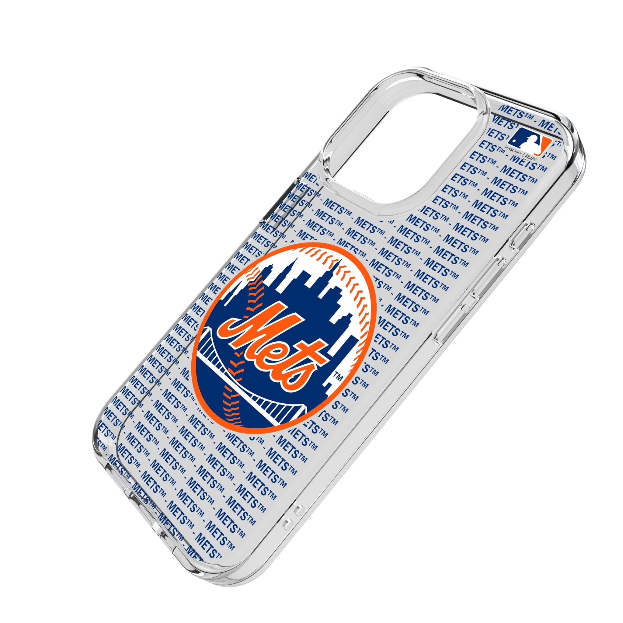 New York Mets Text Backdrop iPhone Clear Phone Case for Apple iPhone - Isometric View